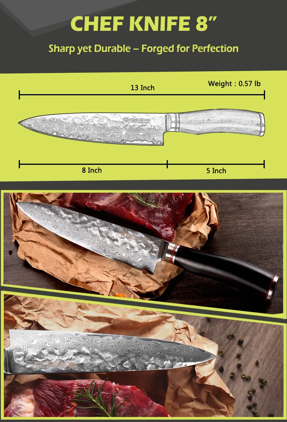 YOUSUNLONG Nóż szefa kuchni 20 cm Gyuto japoński VG10 młotkowany uchwyt z naturalnego drewna hebanowego ze skórzaną pochwą