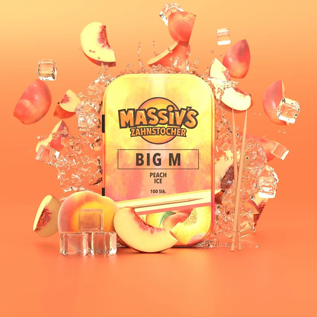 Massiv's Toothpicks Smakowe wykałaczki Big M Peach Ice 100 sztuk metalowa puszka Wegańskie bez cukru