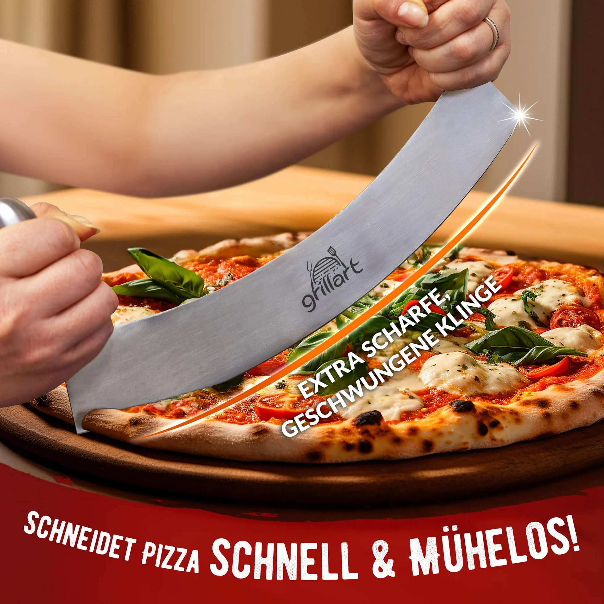 grillart® Nóż do pizzy premium ze stali nierdzewnej (stal nierdzewna, podwójny uchwyt)