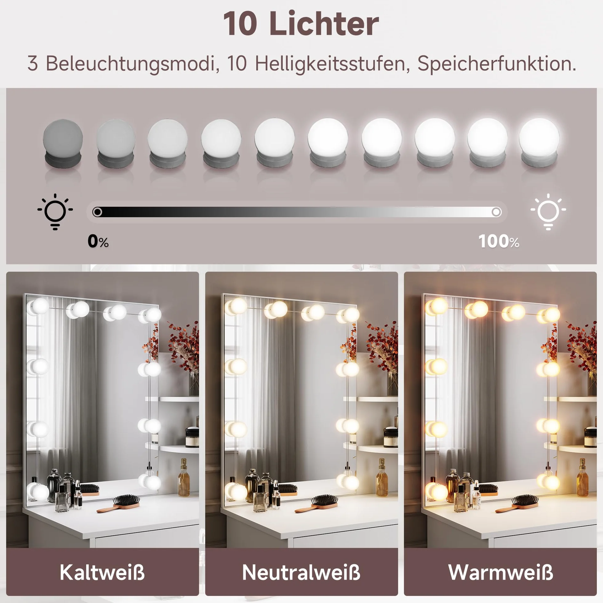 SONNI Toaletka z 10 oświetleniem LED i lusterkiem HD, z 10 stopniami regulacji jasności, 3 kolorami, toaletka z szufladami do sypialni, 3 otwarte przegrody, biała, 70x40x140cm