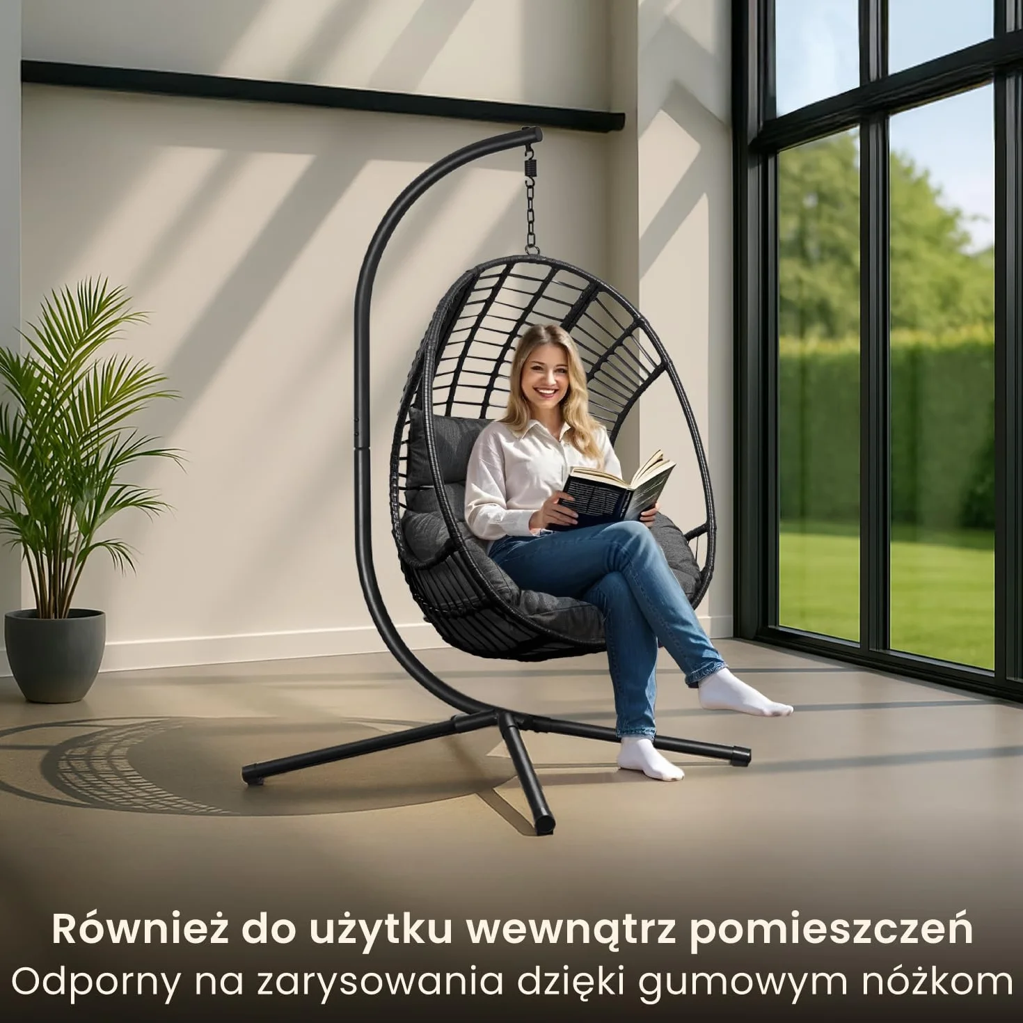 Fotel wiszący Swoods XXL Egg - Fotel wiszący ze stojakiem - Do wnętrz i na zewnątrz - Zawiera poduszki - Odporny na warunki atmosferyczne - Fotel Egg - do 150 kg (Ciemnoszary)
