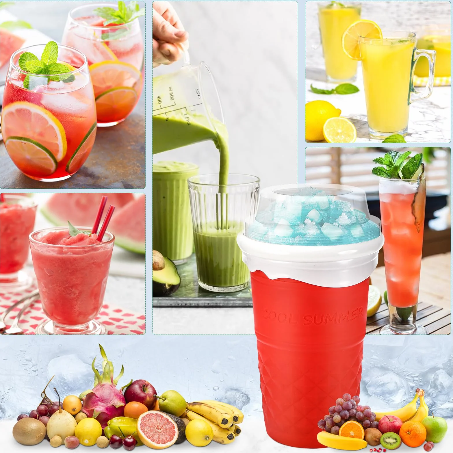 Silikonowy kubek Slushy Maker, Slush Cup z łyżką ze słomką do coli lub soku (różowy)
