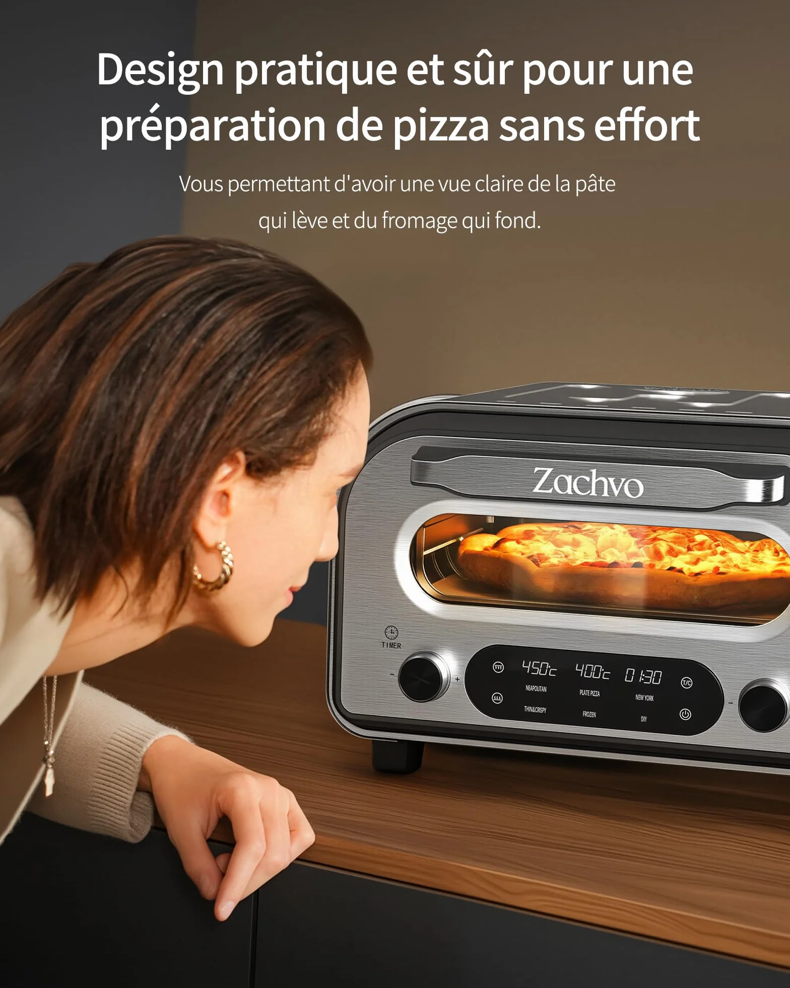 Elektryczny piekarnik do pizzy - do 450 ℃, 5 wstępnie ustawionych rodzajów pizzy, ekran dotykowy i obrotowe pokrętła, 1-60 minut timer, korpus ze stali nierdzewnej, do pizzy 32 cm