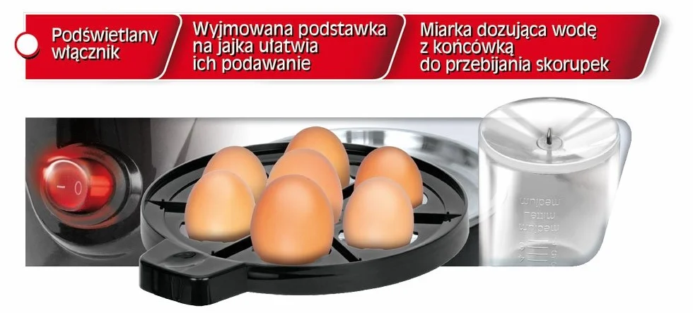 MPM MGJ-01M Elektryczny Jajowar, 7 Jaj, Regulacja Gotowania Jaj, Zakryta Grzałka ze Stali Nierdzewnej, Wyjmowana Podstawka na Jajka, Sygnalizacja Dźwiękowa, BPA free, Stali Nierdzewnej i Czarny, 350 W