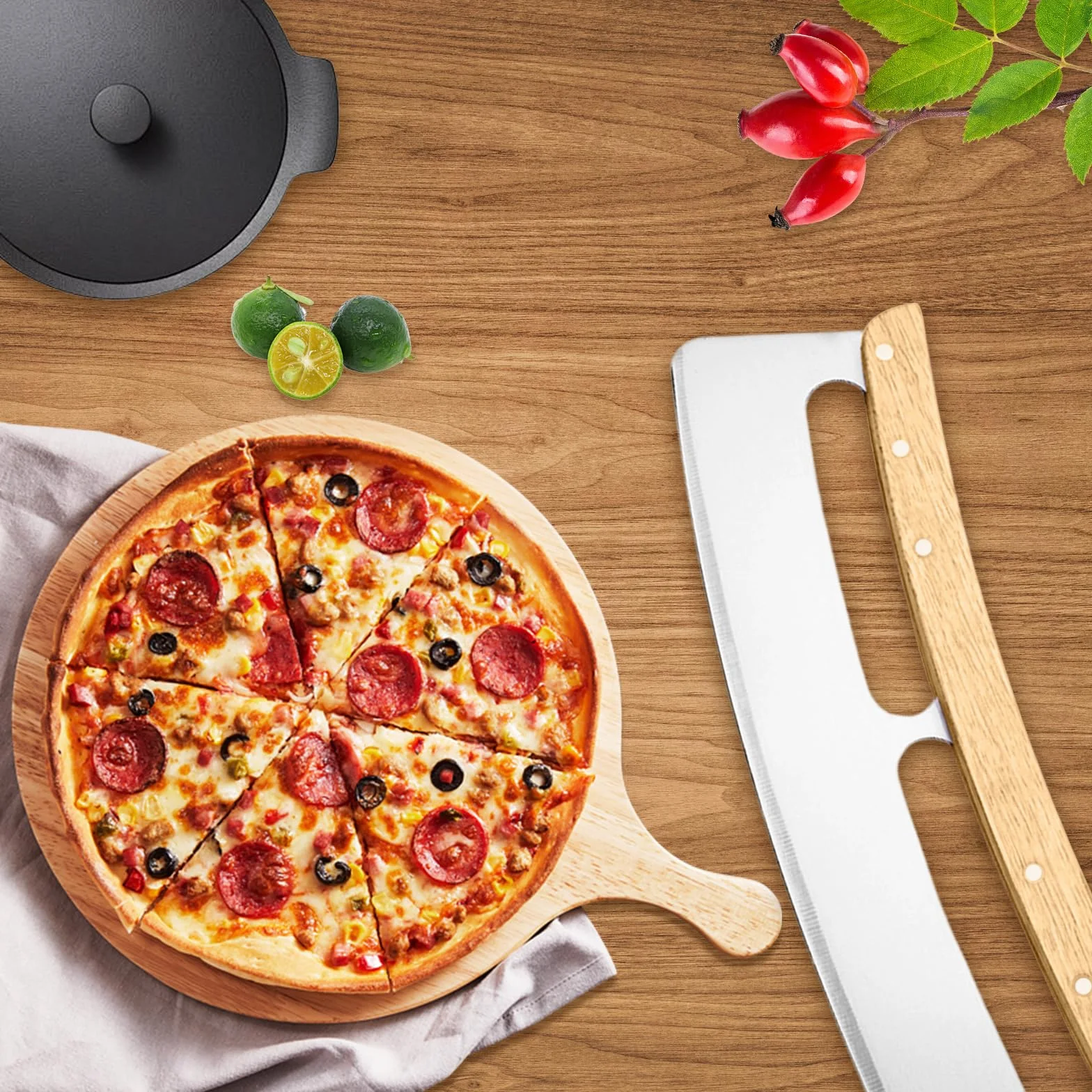 Nóż do pizzy ze stali nierdzewnej 32 cm, duży nóż kołyskowy z drewnianą rączką