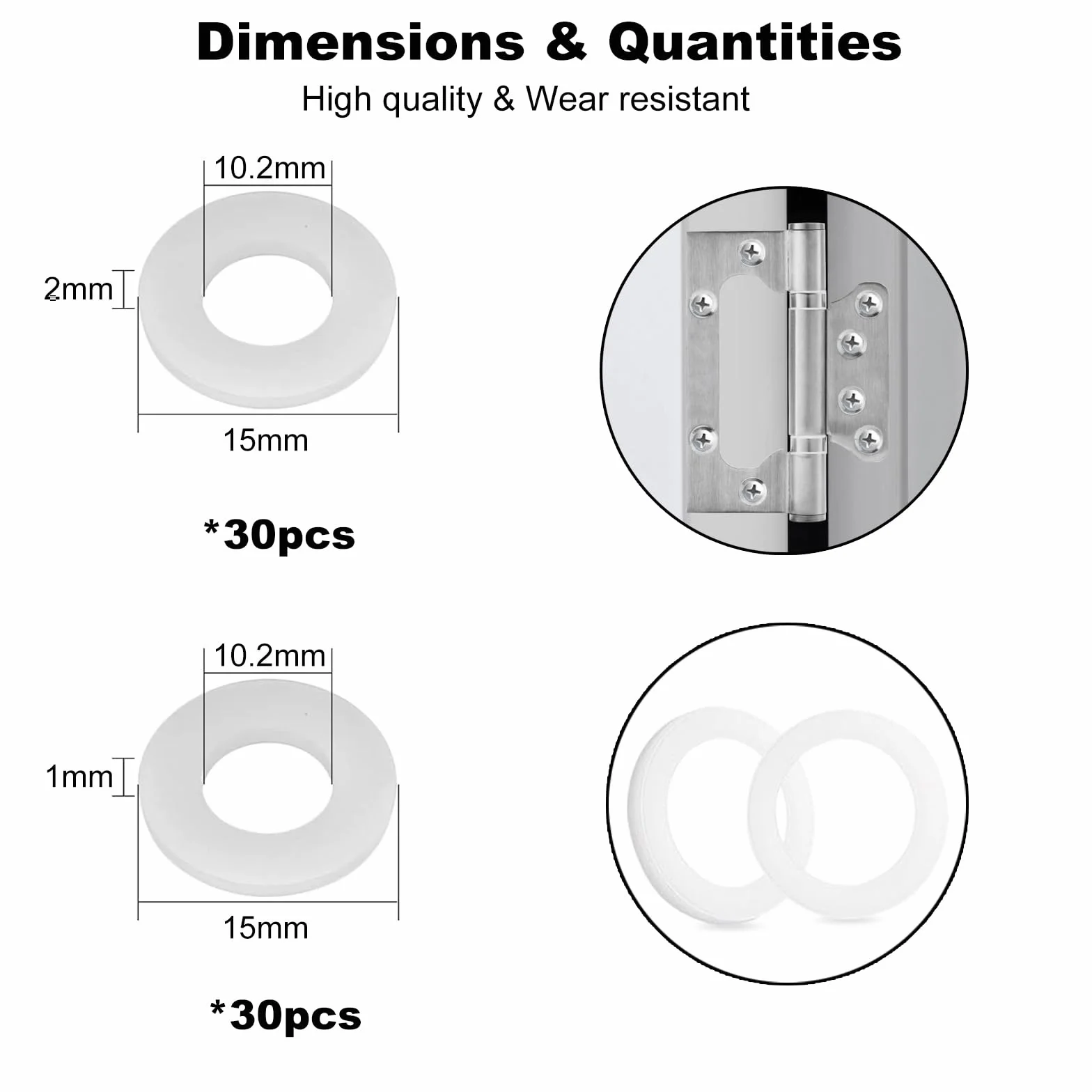 60 sztuk pierścieni do drzwi pokojowych, podkładki z tworzywa sztucznego 15 mm x 10,2 mm, do standardowych drzwi pokojowych, podkładek, zawiasów drzwiowych (1 mm, 30 szt. i 2 mm, 30 szt.)