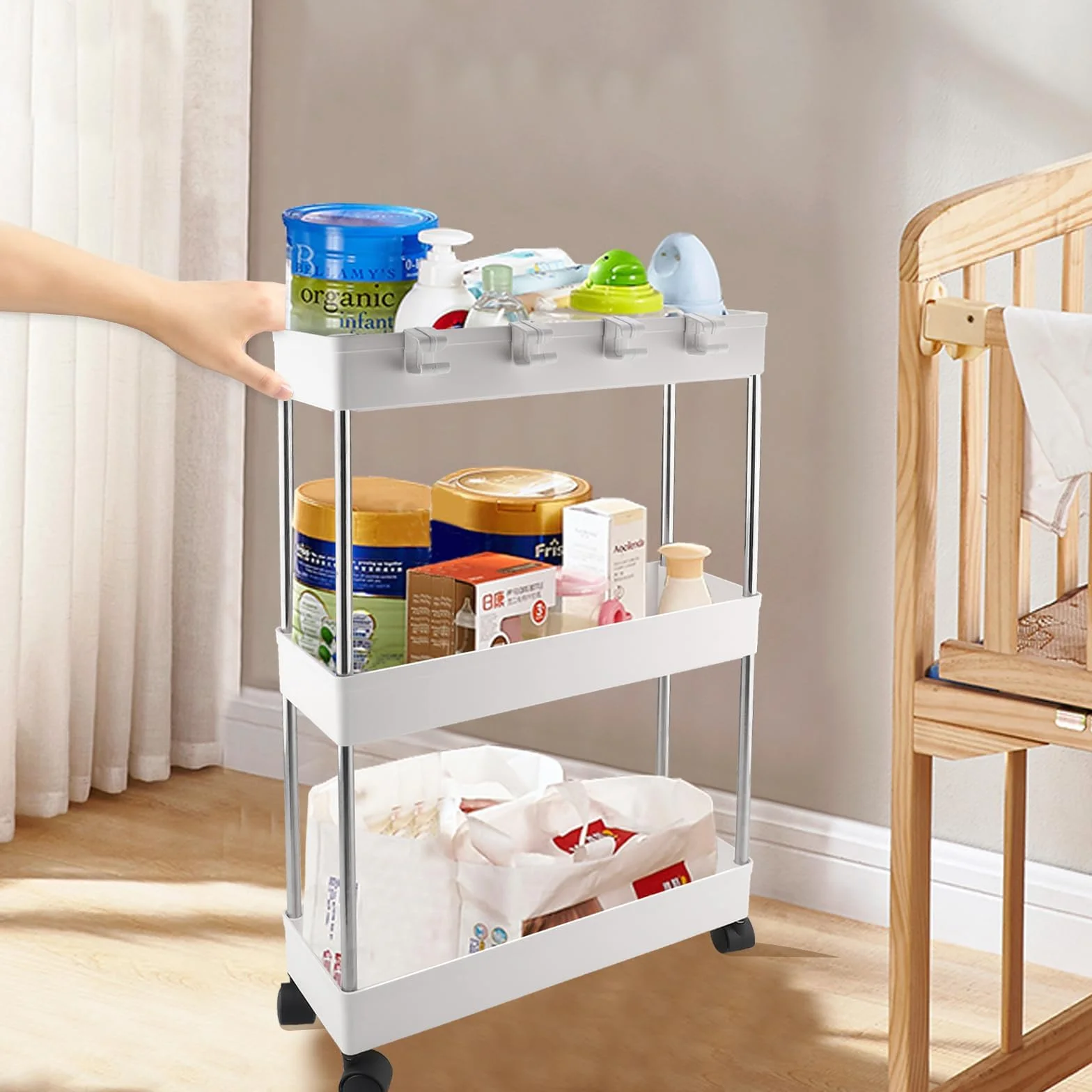 Wózek z 3 poziomami, metalowy wózek kuchenny, wózek do przechowywania, regał kuchenny z obrotowymi kółkami o 360°, do łazienki, kuchni, biura, salonu