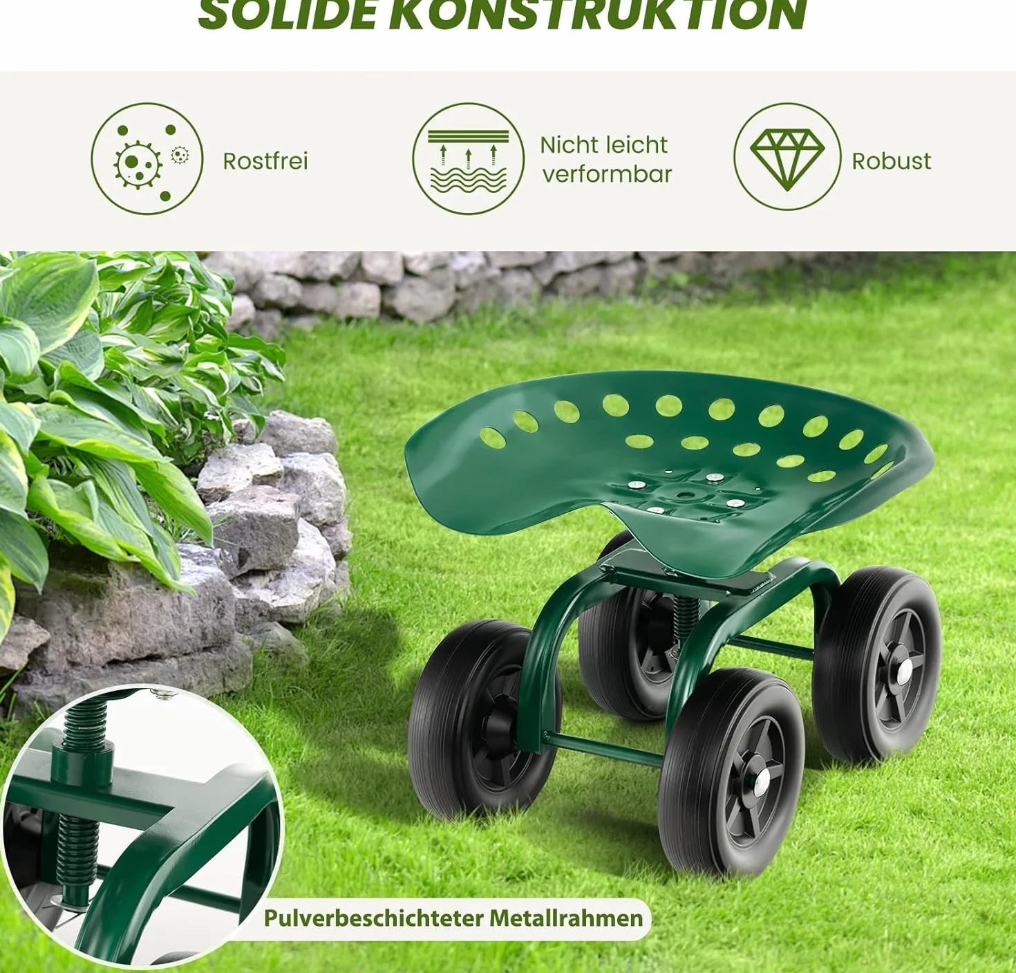 FANTASK Siedzisko na kółkach z kółkami do 150 kg, regulacja wysokości, obracane o 360°, mobilne siedzisko ogrodowe, stołek ogrodowy, metalowy, szerokie opony