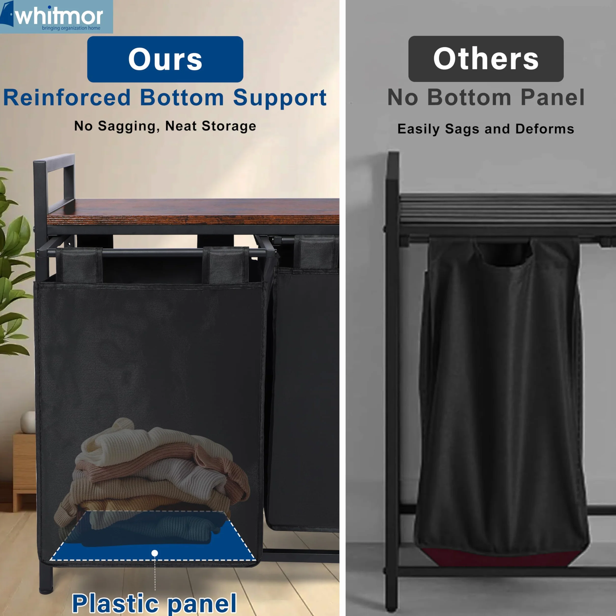 Whitmor Sorter na pranie, kosz na pranie 138 l z półką i 3 wyjmowanymi torbami, 9 × 46 l, 90 × 33 × 71 cm, organizer na brudne ubrania do pralni, łazienki, akademika, czarny