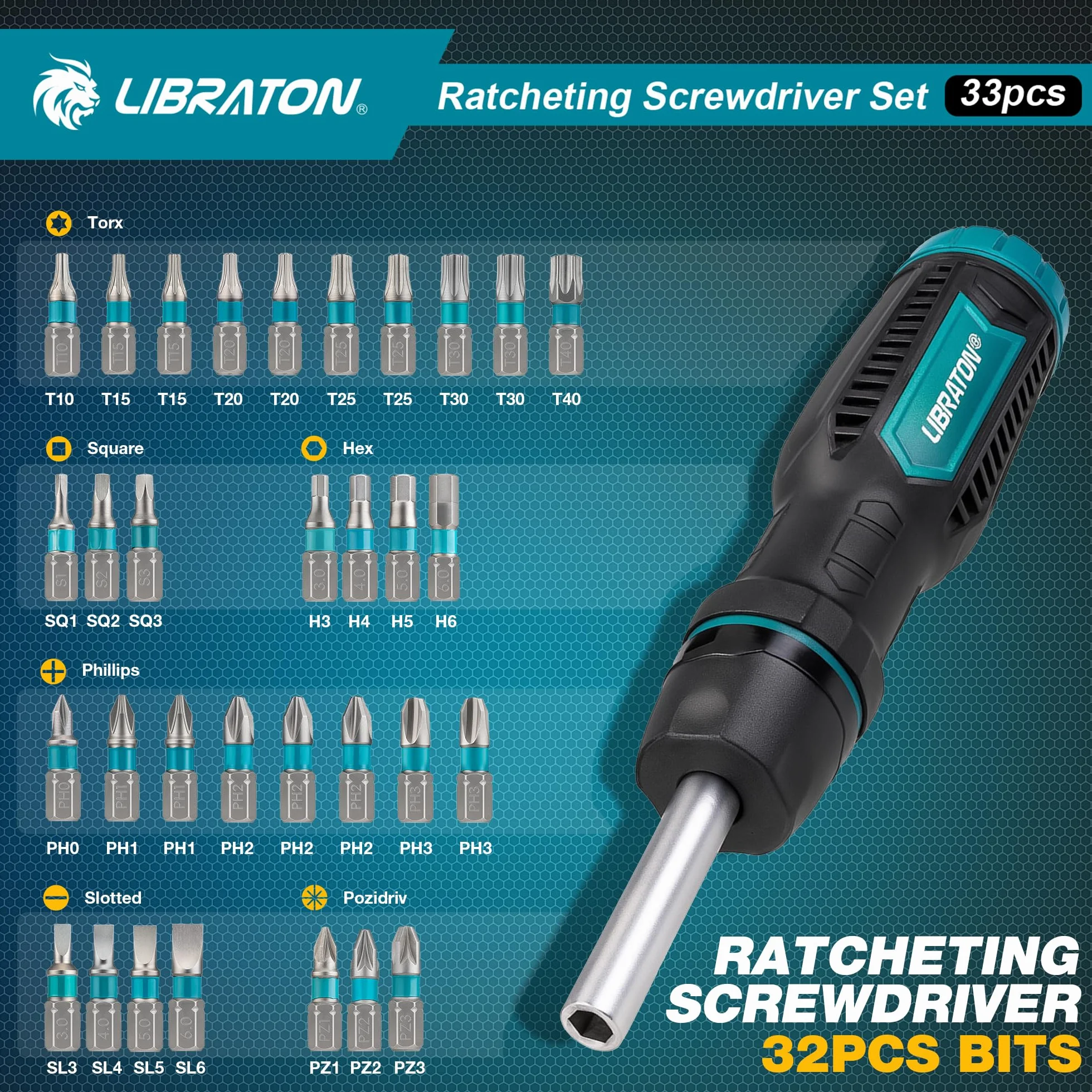 LIBRATON Zestaw wkrętaków z grzechotką, śrubokręt wielofunkcyjny, 33 w 1, magnetyczny śrubokręt z grzechotką, szczelinowy, Philips, Pozi, Torx, sześciokątny, kwadratowy, ergonomiczny uchwyt do domu