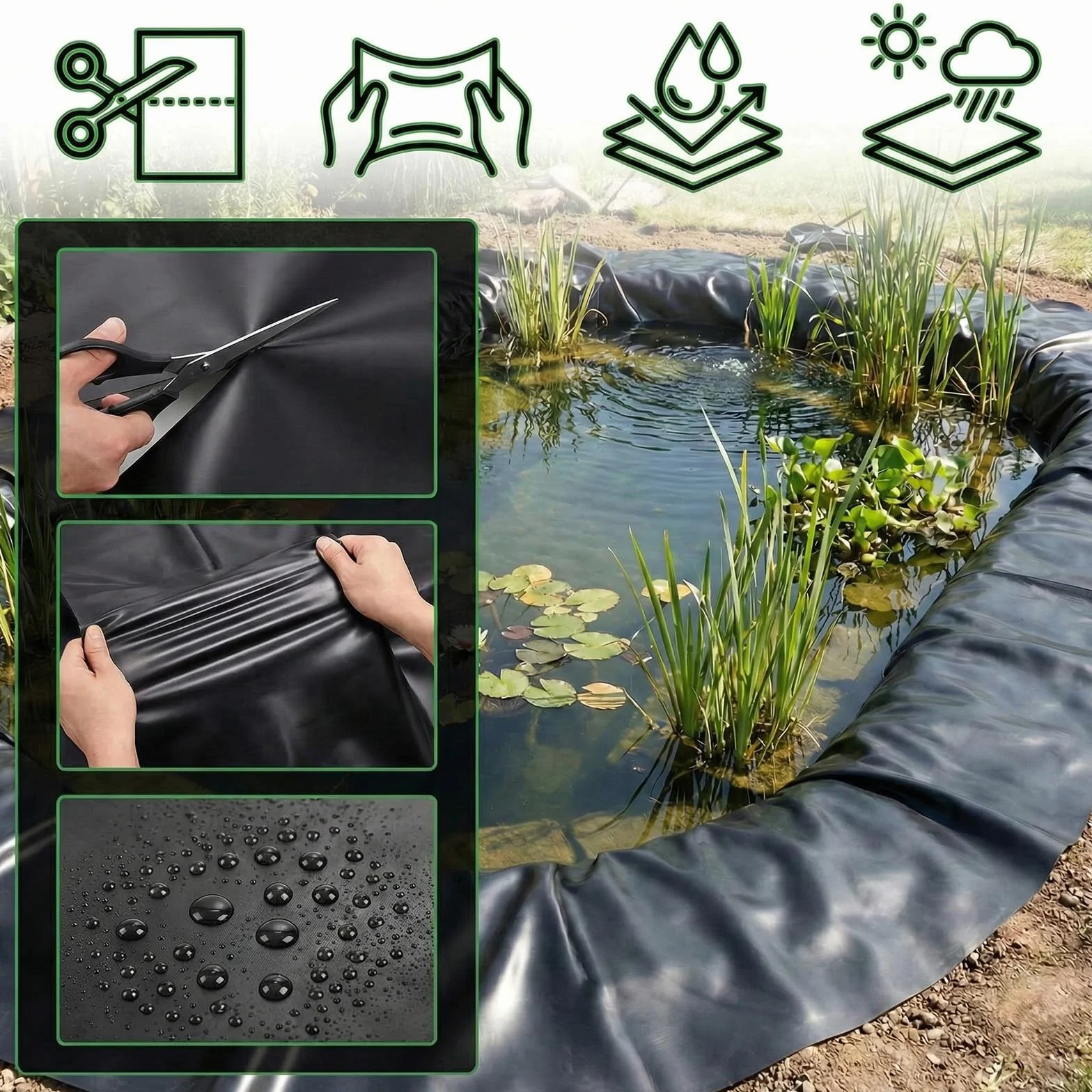 Folia uszczelniająca do stawu 2 x 3 m, HDPE, grubość 0,2 mm, elastyczna membrana stawu, czarna, do stawu, ogrodu, stawu rybnego, wodospadu, fontanny