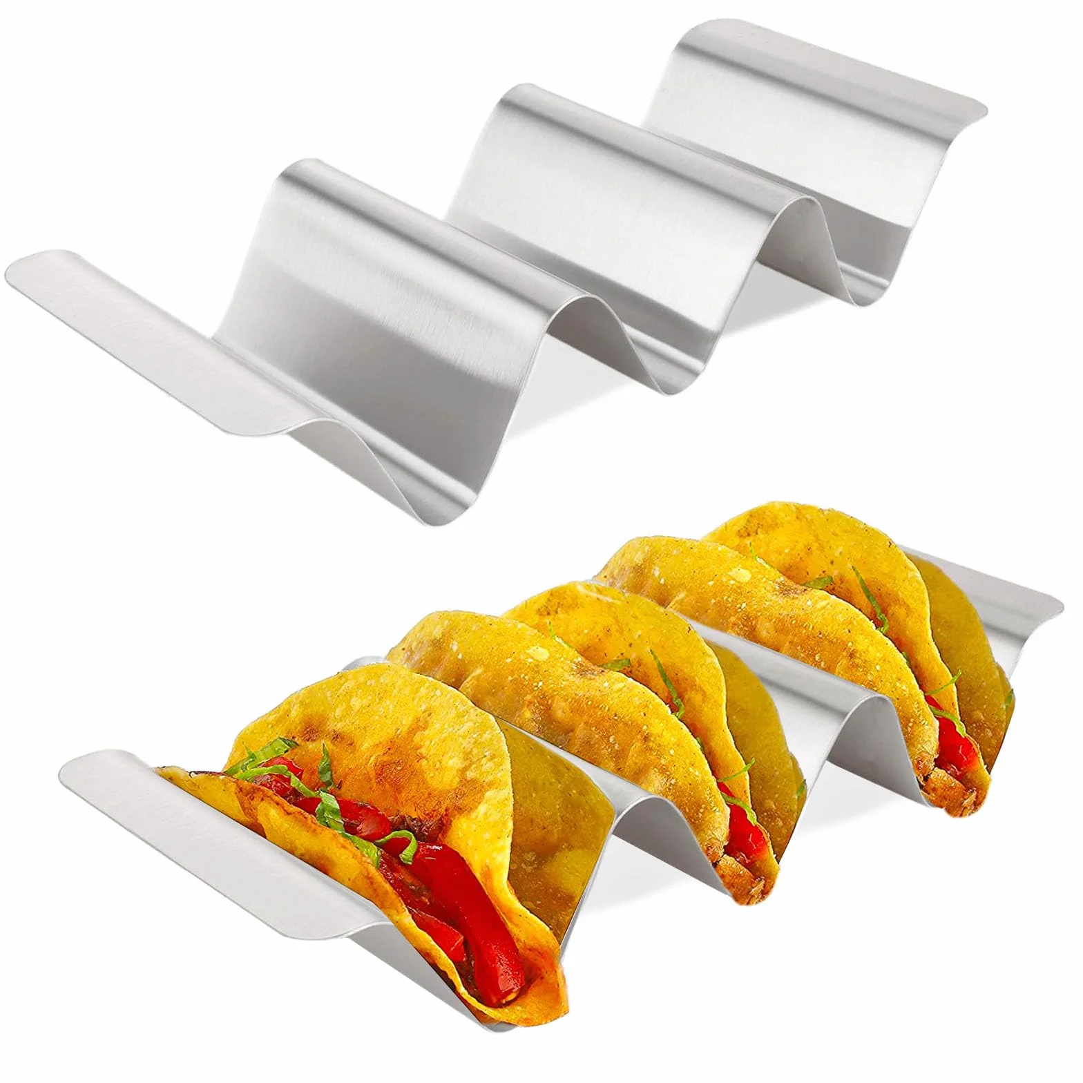 2 uchwyty taco ze stali nierdzewnej, stojak do taco w kształcie fali, nadaje się do mycia w zmywarce, uchwyt na hotdog, z uchwytami, do tacos, kanapek i hot dogów, srebrny