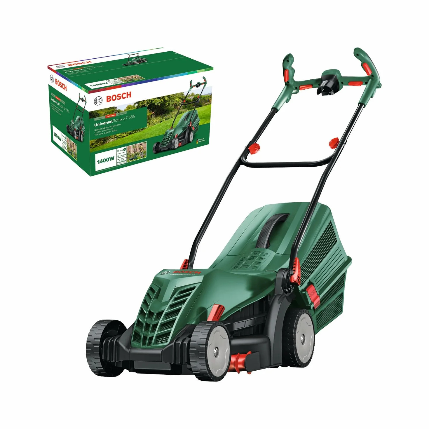 Bosch Kosiarka sieciowa UniversalRotak 37-555 (silnik 1 400 W, szerokość cięcia: 37 cm, zbiornik na trawę 40 l, uchwyty Ergoflex)