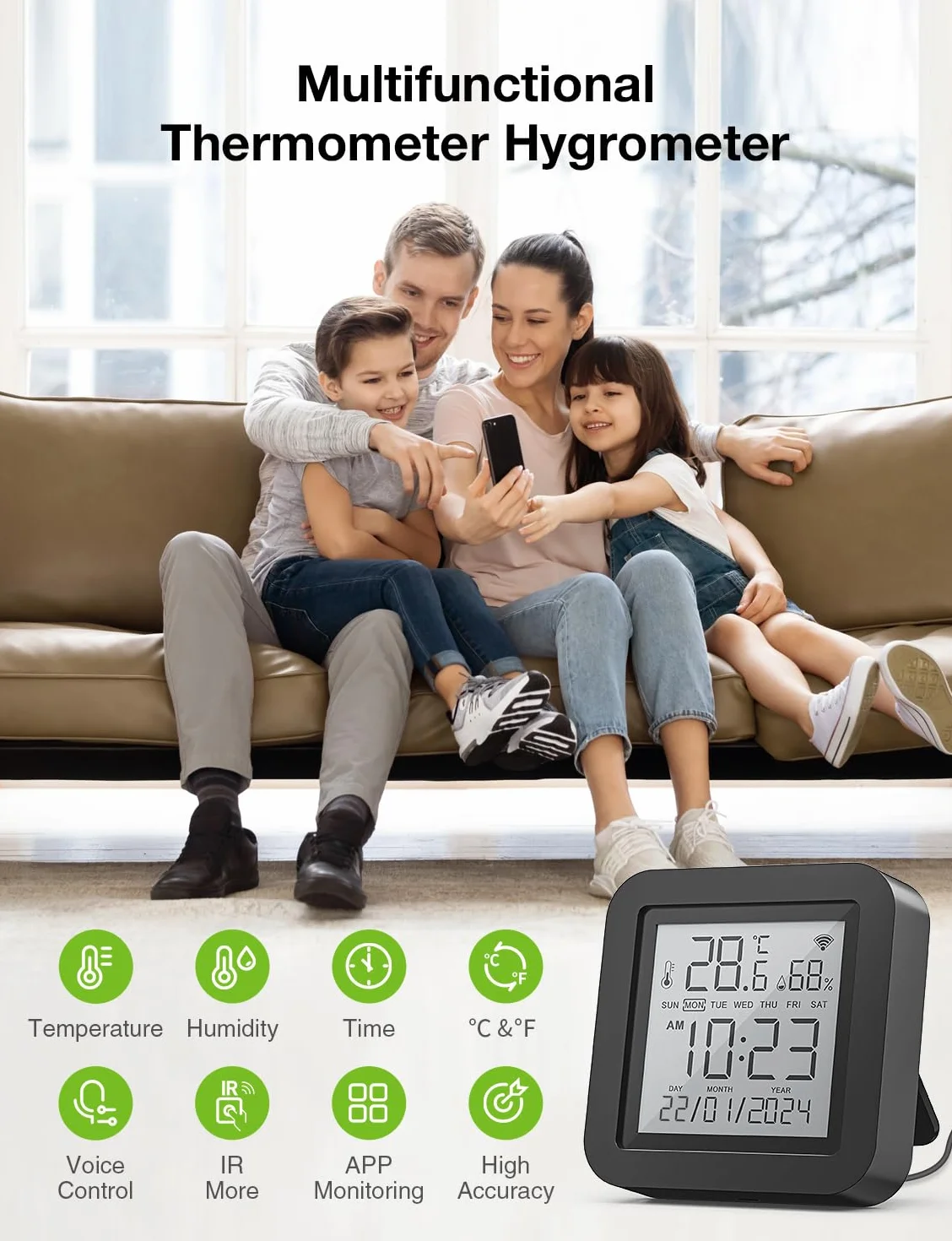 GHome Smart Termometr z higrometrem Wi-Fi, higrometr, pilot zdalnego sterowania z IR, połączenie z siecią Wi-Fi (2,4 GHz), kompatybilny z Alexa i Google, do użytku w domach, piwnicach i szklarniach, 1