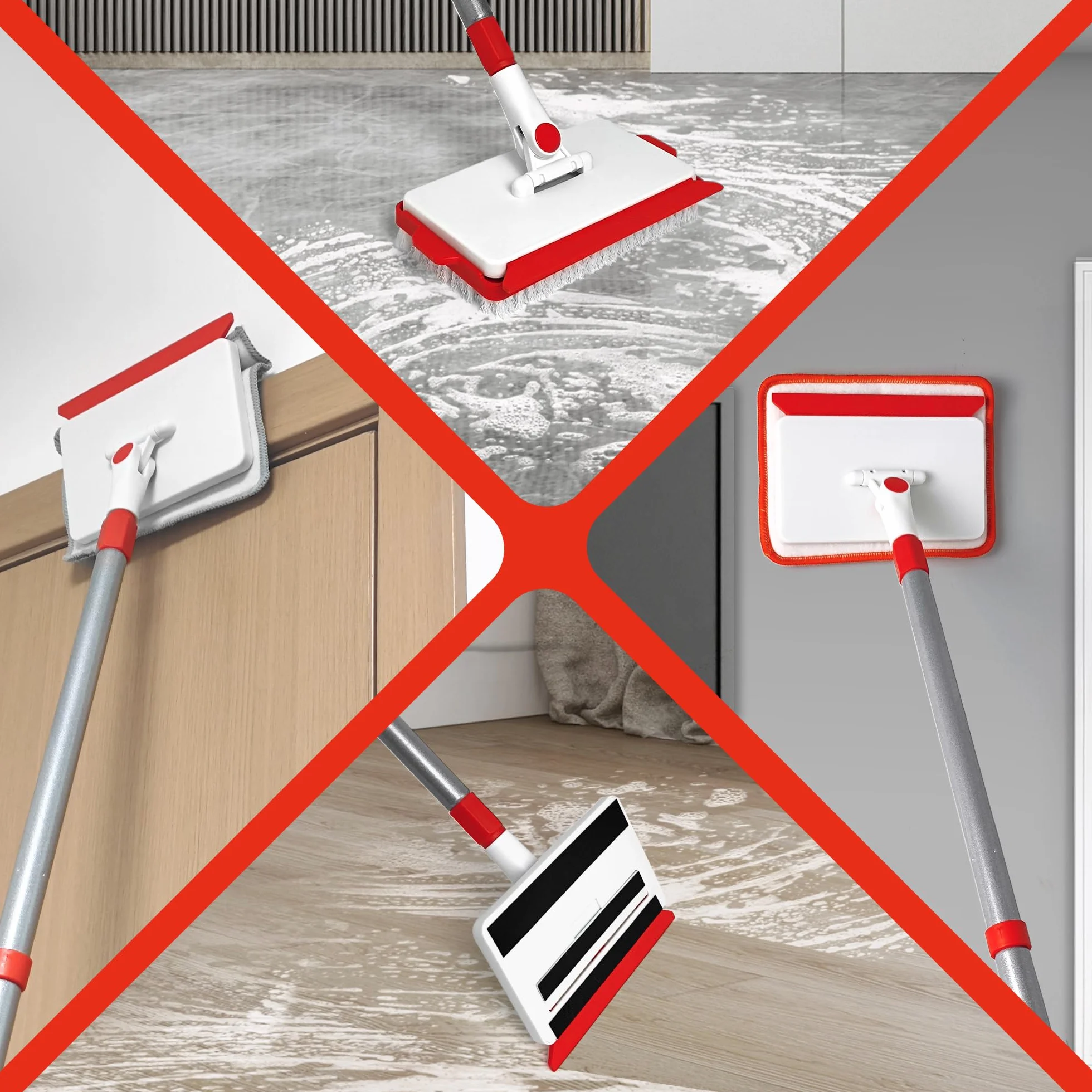 JEHONN Mop podłogowy z długim uchwytem 142 cm, narzędzie do czyszczenia chodaków z uchwytem, 1 szczotka z twardym włosiem, 2 podkładki szenilowe i 2 x mikrofibra
