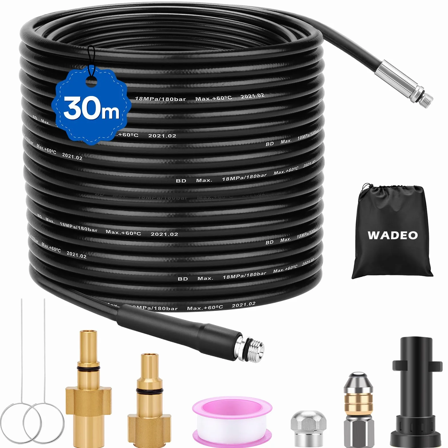 WADEO 30-metrowy wysokociśnieniowy wąż czyszczący 180 bar / 2610 PSI do odblokowywania rur z adapterem pasującym do urządzeń Karcher serii K (K2-K7)