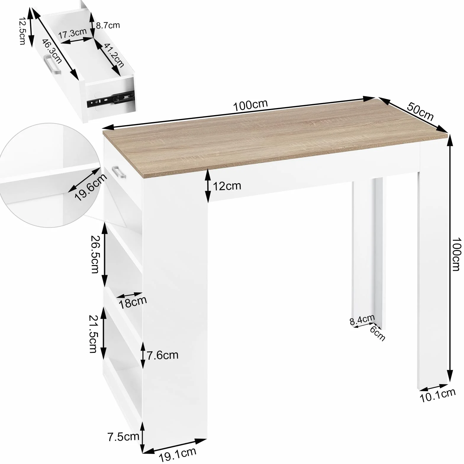 WOLTU BT47whe Stolik barowy z 1 szufladą, 3 półki, z regałem na wino, stół kuchenny, do baru, kuchni, salonu, jadalni, 100 x 100 x 50 cm, kolor biały, imitacja drewna