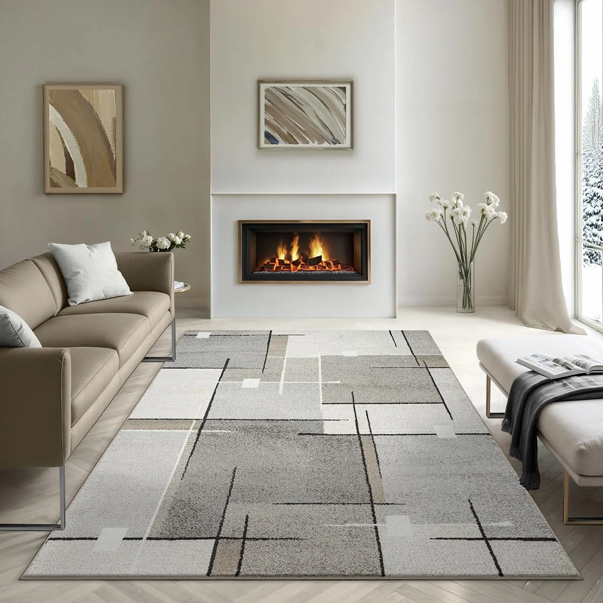 the carpet Pearl Nowoczesny dywan z krótkim włosiem, do salonu, sypialni, cięcie konturowe, geometryczny wzór, w kratę, beżowy, 160 x 220 cm