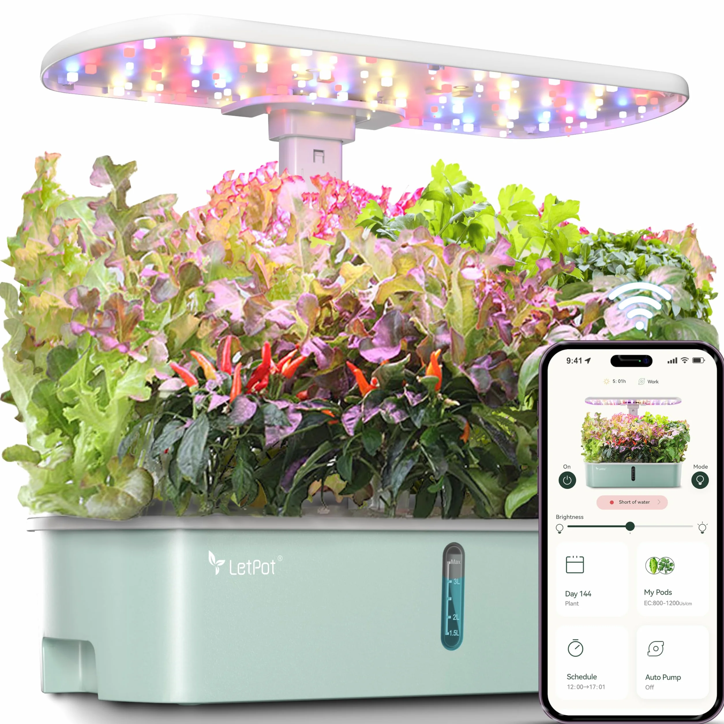 LETPOT LPH-Air WiFi hydroponiczny system uprawy, 10 tulejek, Smart Herb Garden Kit do wnętrz, ogrodu wewnętrznego z oświetleniem LED 24 W, zbiornik na wodę 4 l, system pompowania, automatyczny timer