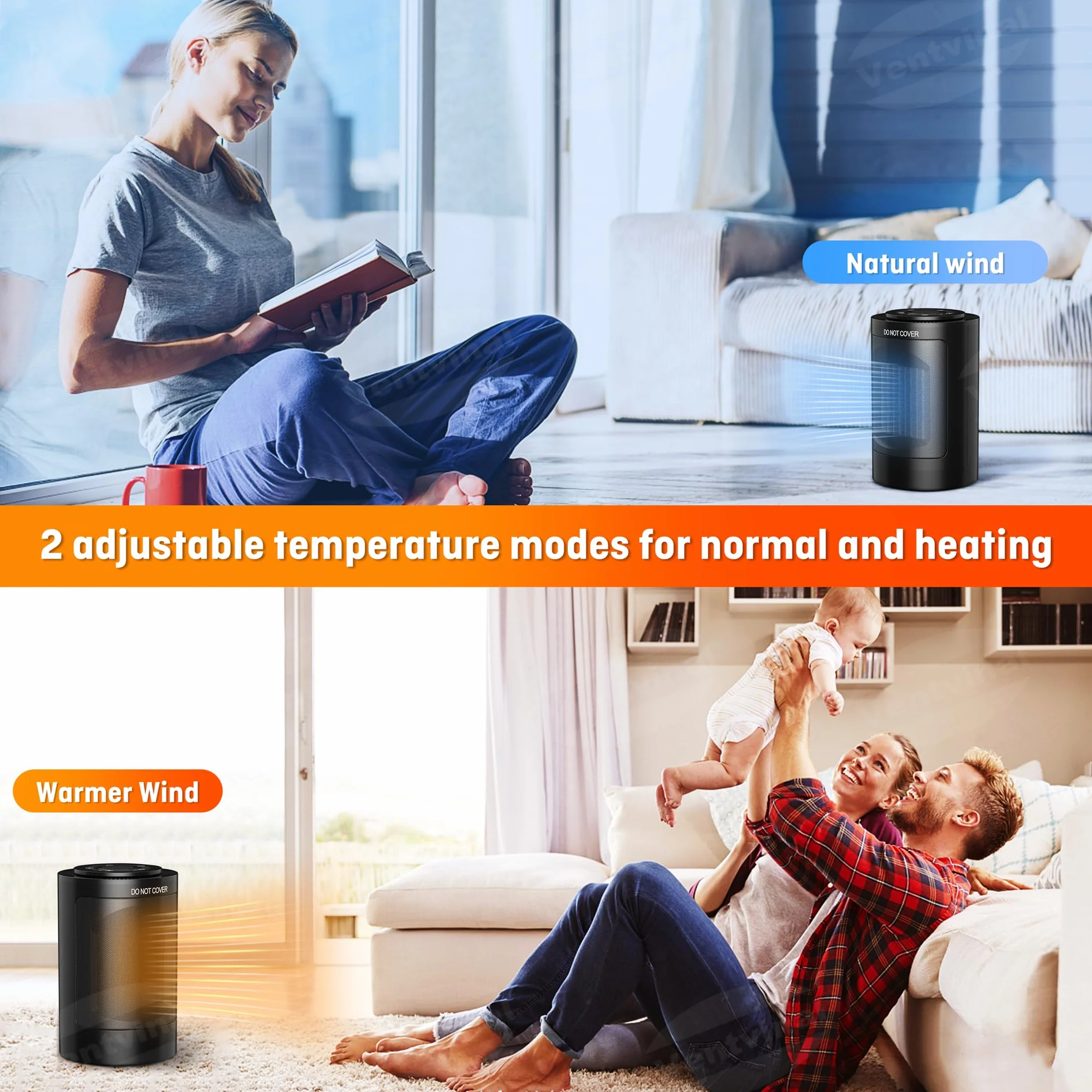 Grzejnik ceramiczny – przenośny grzejnik 1500 W z automatyczną regulacją obrotu i pilotem zdalnego sterowania, 3 tryby, energooszczędne, ciche, do łazienki, biura, salonu z pilotem zdalnego
