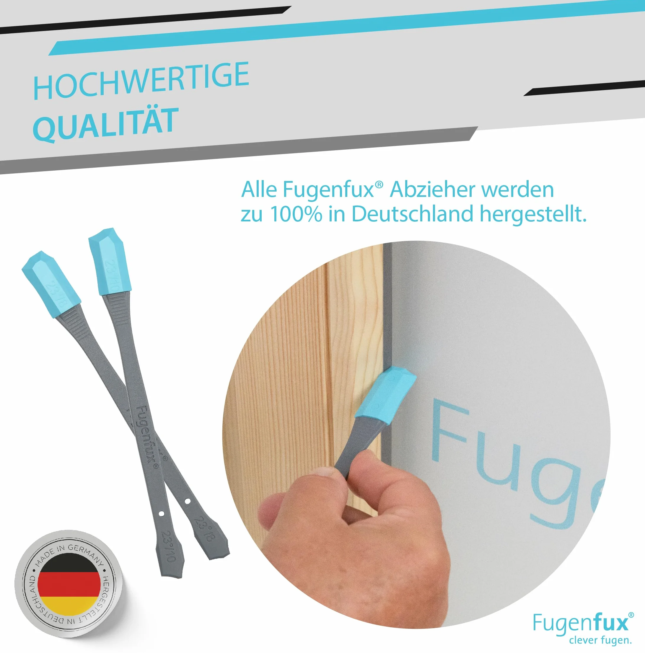 FUGENFUX® G&A 23° szkło i fugi przyłączeniowe | ściągacz do fug płaskich | zestaw 2 sztuk o rozmiarach 8 mm i 10 mm – rewolucyjna magiczna końcówka do ciasnych miejsc