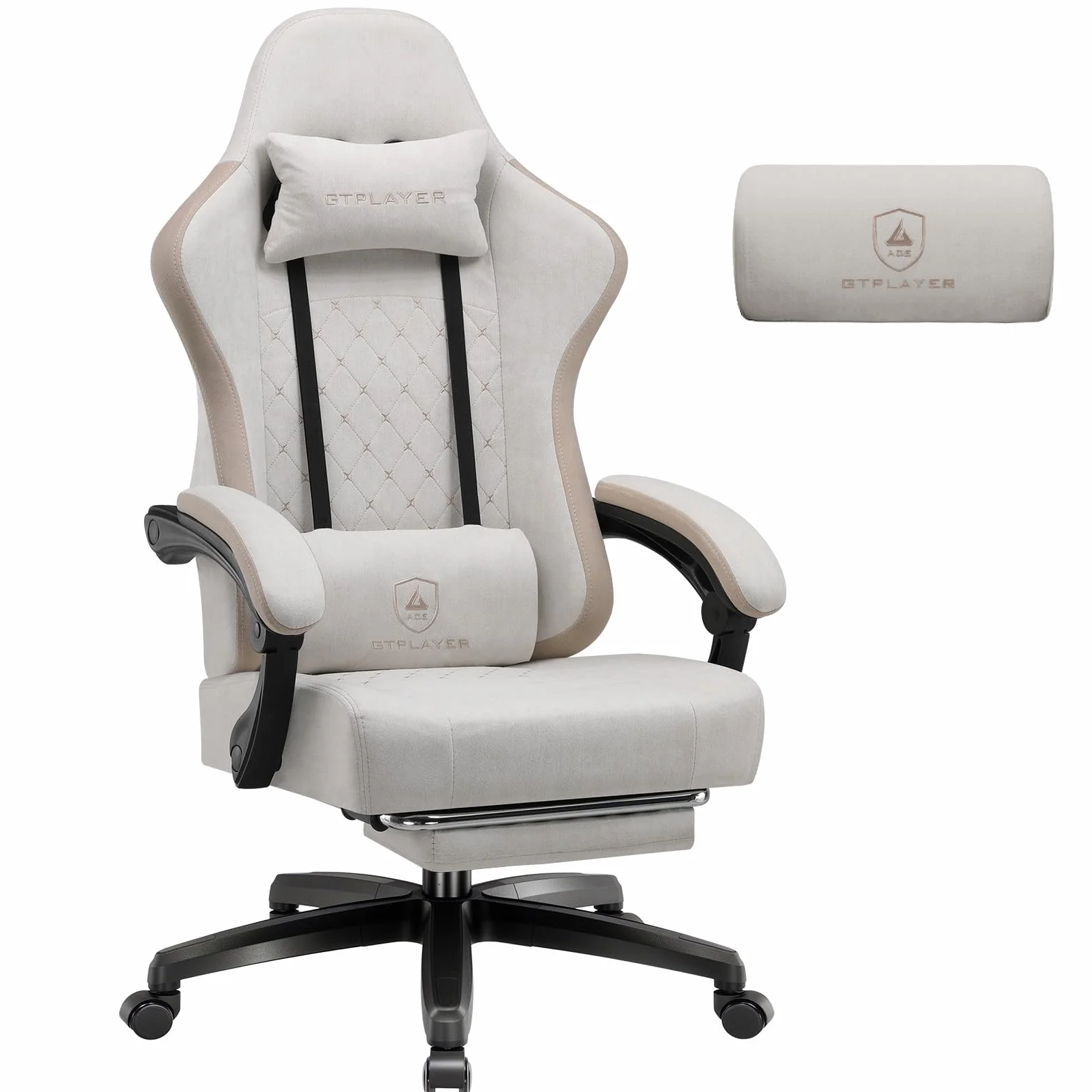 GTPLAYER Fotel gamingowy z materiału, fotel gamingowy z poduszką ze sprężynami kieszeniowymi, ergonomiczne krzesło obrotowe, krzesło dla graczy z podnóżkiem, obciążenie 150 kg, beżowy