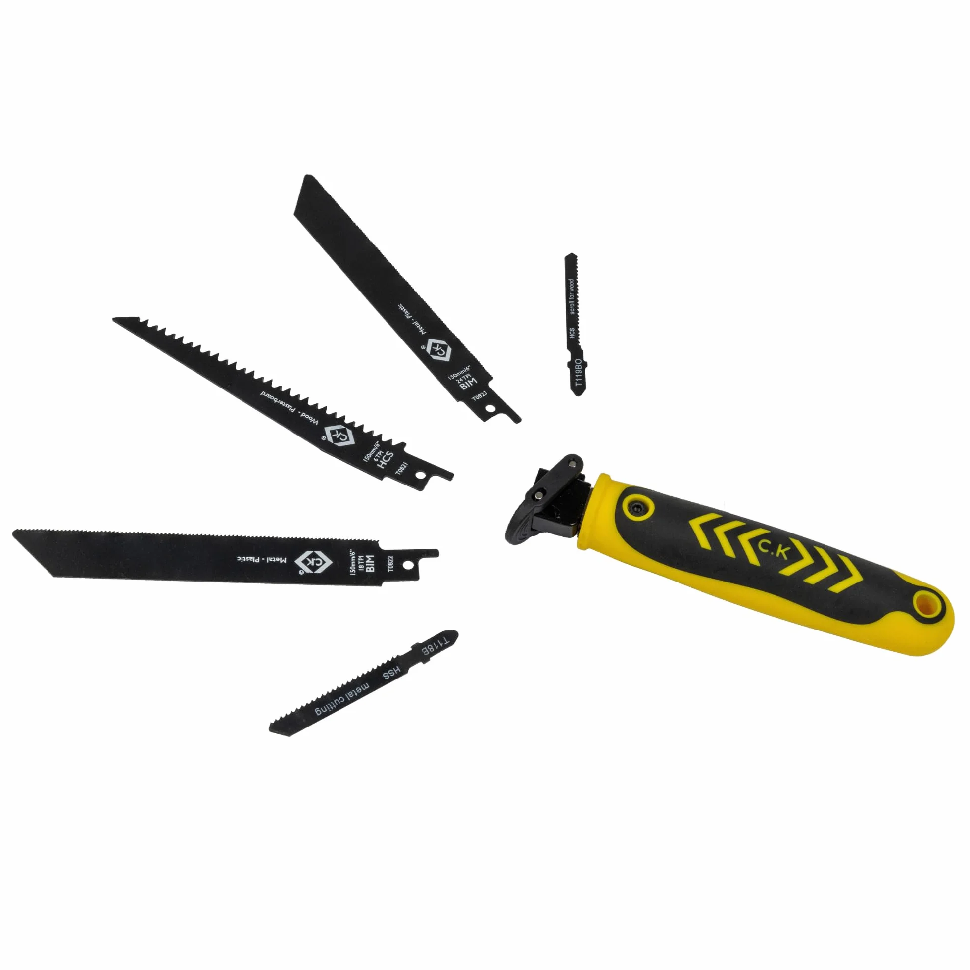 C.K Tools Multi Hand Saw zestaw 6 szt., uniwersalna piła ręczna do szybkiej wymiany z 5 ostrzami do drewna, metalu, płyt gipsowo-kartonowych i tworzyw sztucznych, zestaw do cięcia szablastego