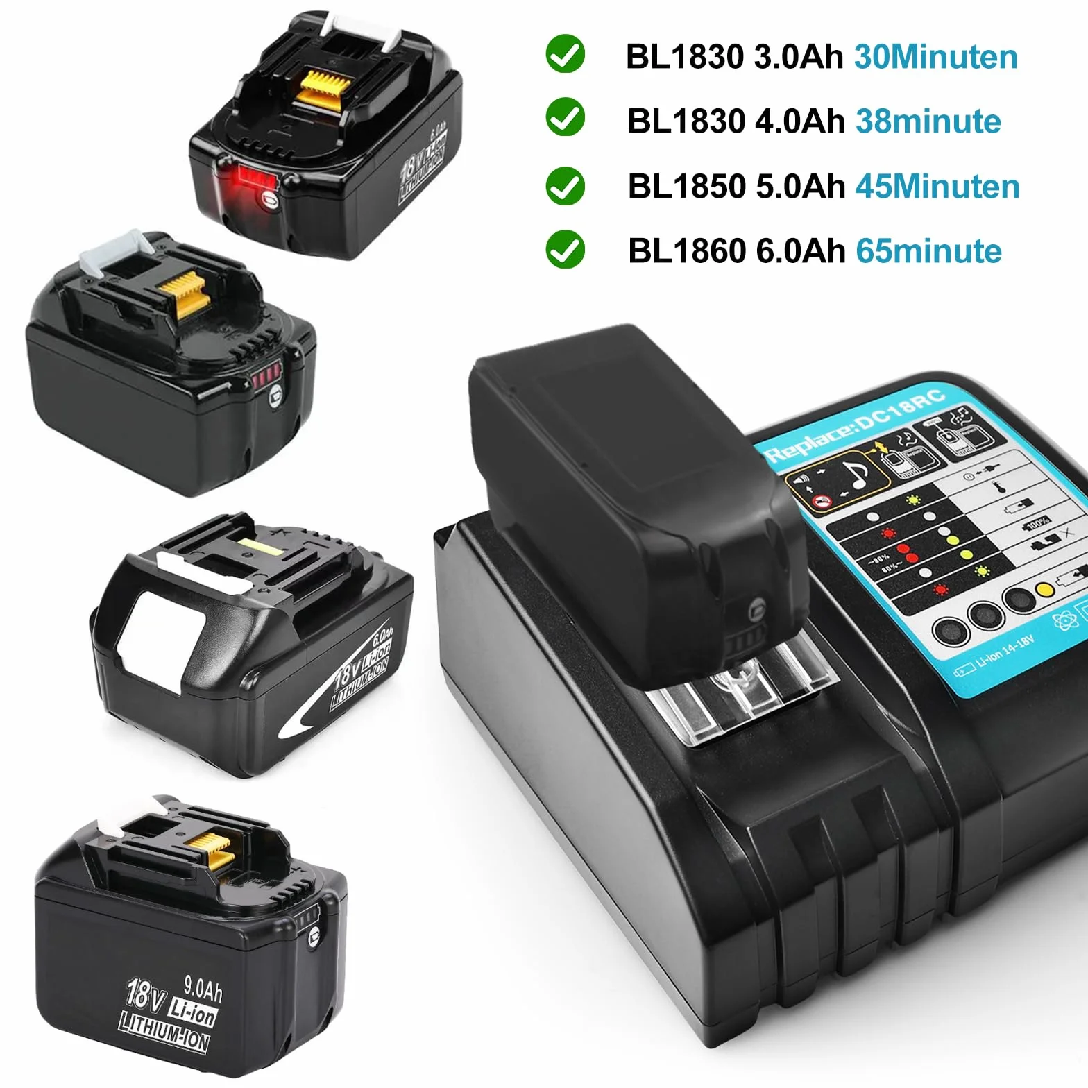 Ładowarka do akumulatorów 18V DC18RC Szybka ładowarka Kompatybilna z Makita 14,4 V i 18 V Li-Ion Zastępczy akumulator BL1815 BL1830 BL1840 BL1850 BL1860 BL1890 BL1415 BL1430 BL1440
