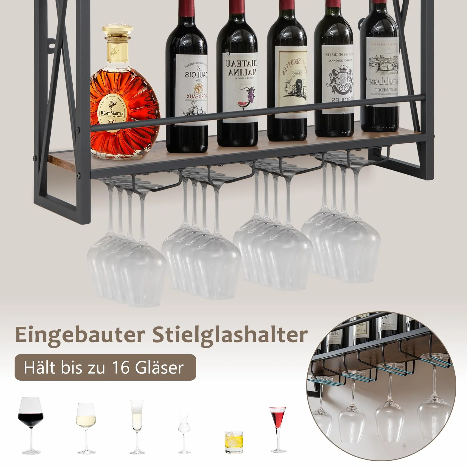GOPLUS Regał na wino na ścianie z uchwytem na szklanki, regał na ścianie, regał na butelki z metalową podstawą, uchwyt na butelki, uchwyt na wino do kuchni i salonu (brązowy, 80 × 20 × 63 cm)
