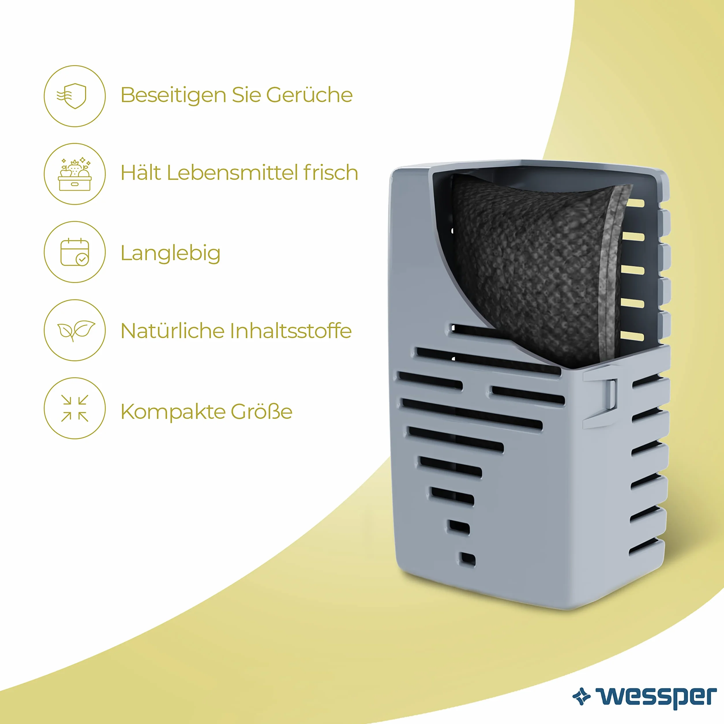 Wessper Fresh Fridge pochłaniacz zapachów do lodówki z wymiennym wkładem, neutralizuje niepożądane zapachy, z węglem aktywnym, bardzo wydajny, 6 miesięcy użytkowania, 2 opakowania uzupełniające