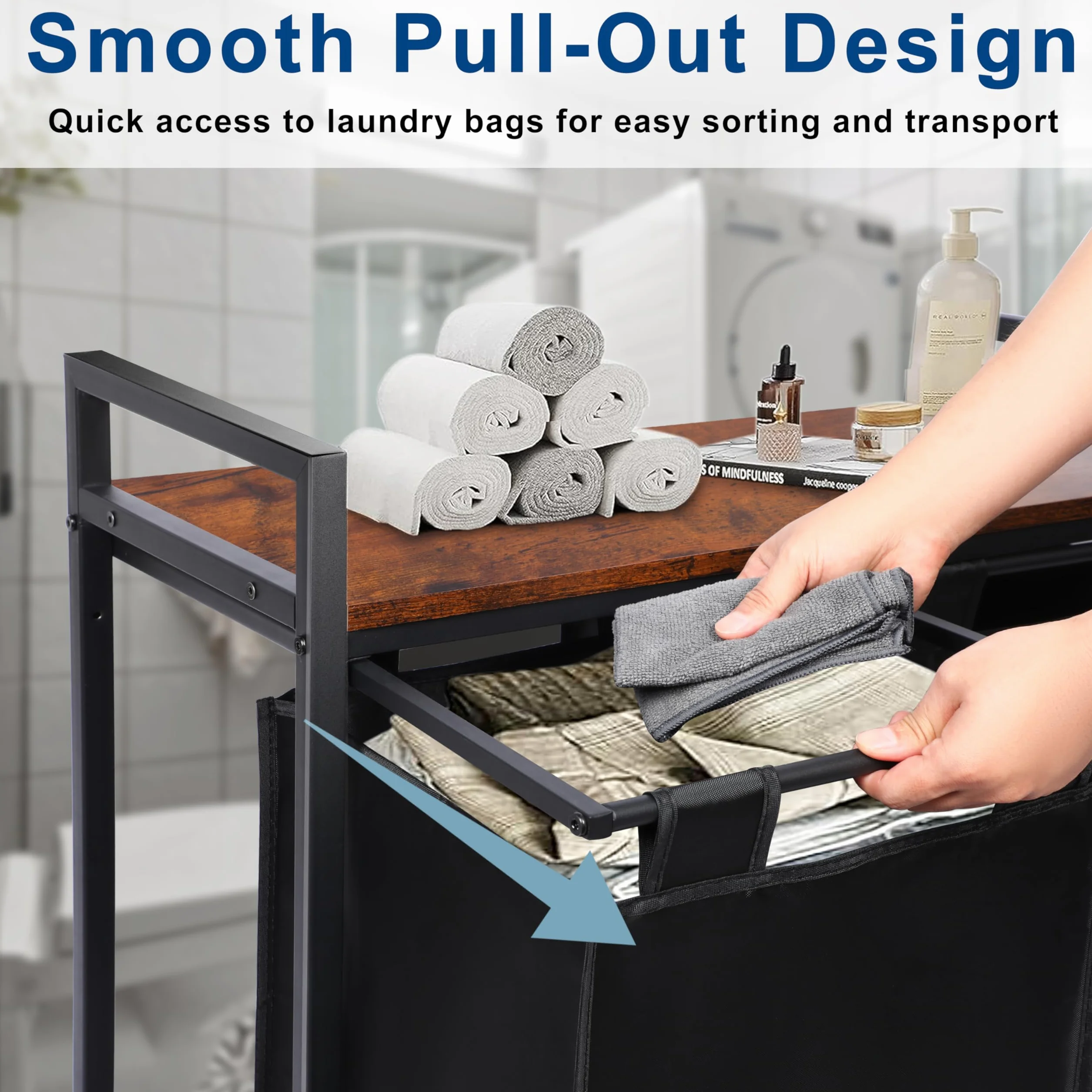 Whitmor Sorter na pranie, kosz na pranie 138 l z półką i 3 wyjmowanymi torbami, 9 × 46 l, 90 × 33 × 71 cm, organizer na brudne ubrania do pralni, łazienki, akademika, czarny
