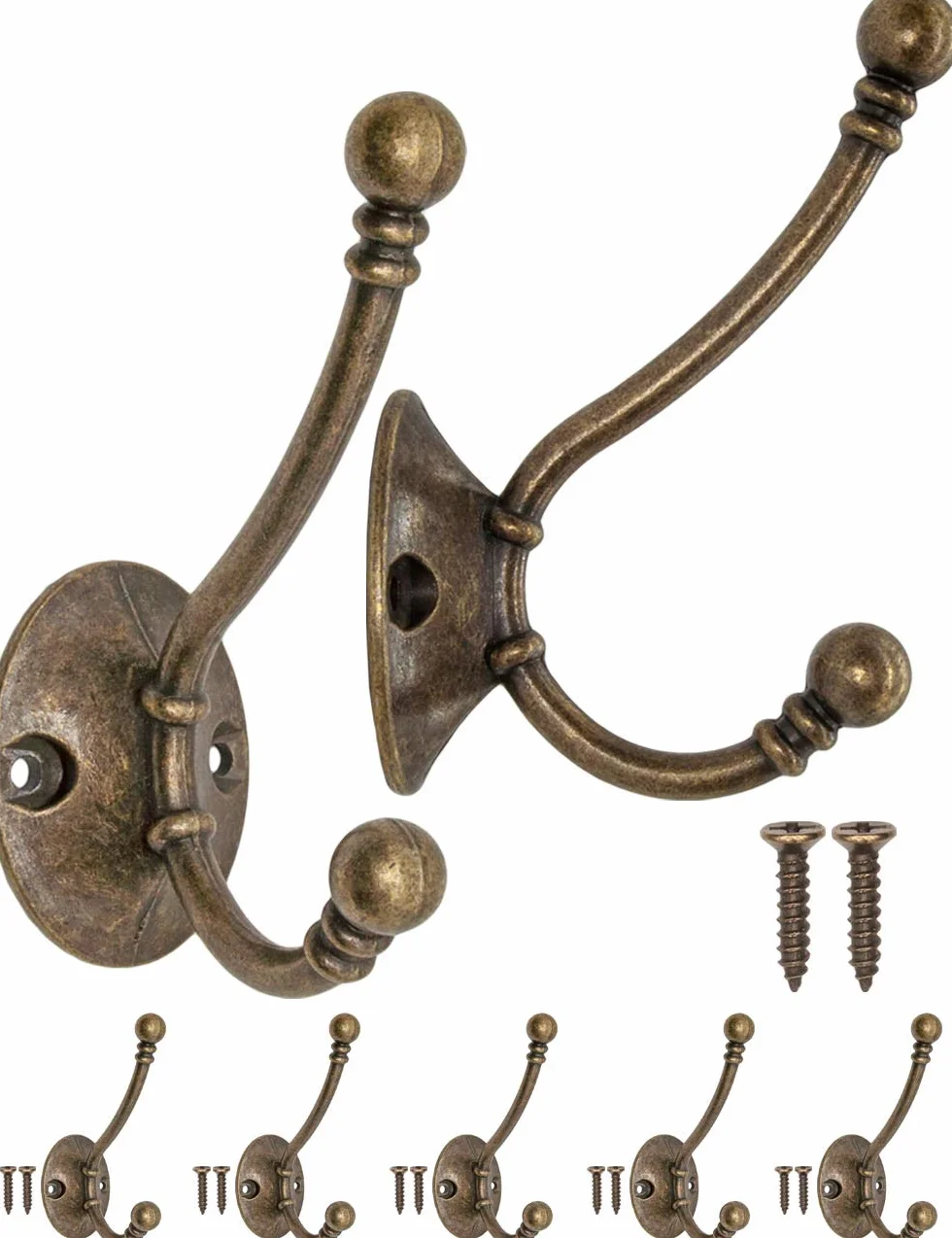 FUXXER® – antyczne wieszaki na ubrania, wieszaki na kapelusze, wieszaki na ręczniki, żelazne haczyki, haczyki ścienne, mosiądz z brązu, styl vintage dworkowy, 90 x 62 mm, zestaw 5 sztuk