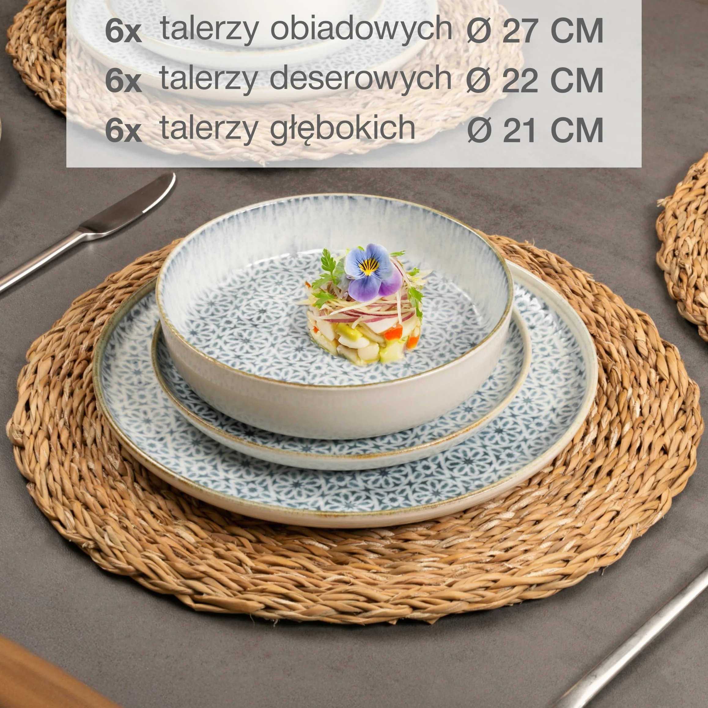 Moritz & Moritz ALHAMBRA 18-częściowy zestaw naczyń dla 6 osób, z wysokiej jakości porcelany, nowoczesny serwis stołowy w kolorze niebieskim, łatwy w pielęgnacji, zestaw 6 talerzy obiadowych, talerzy