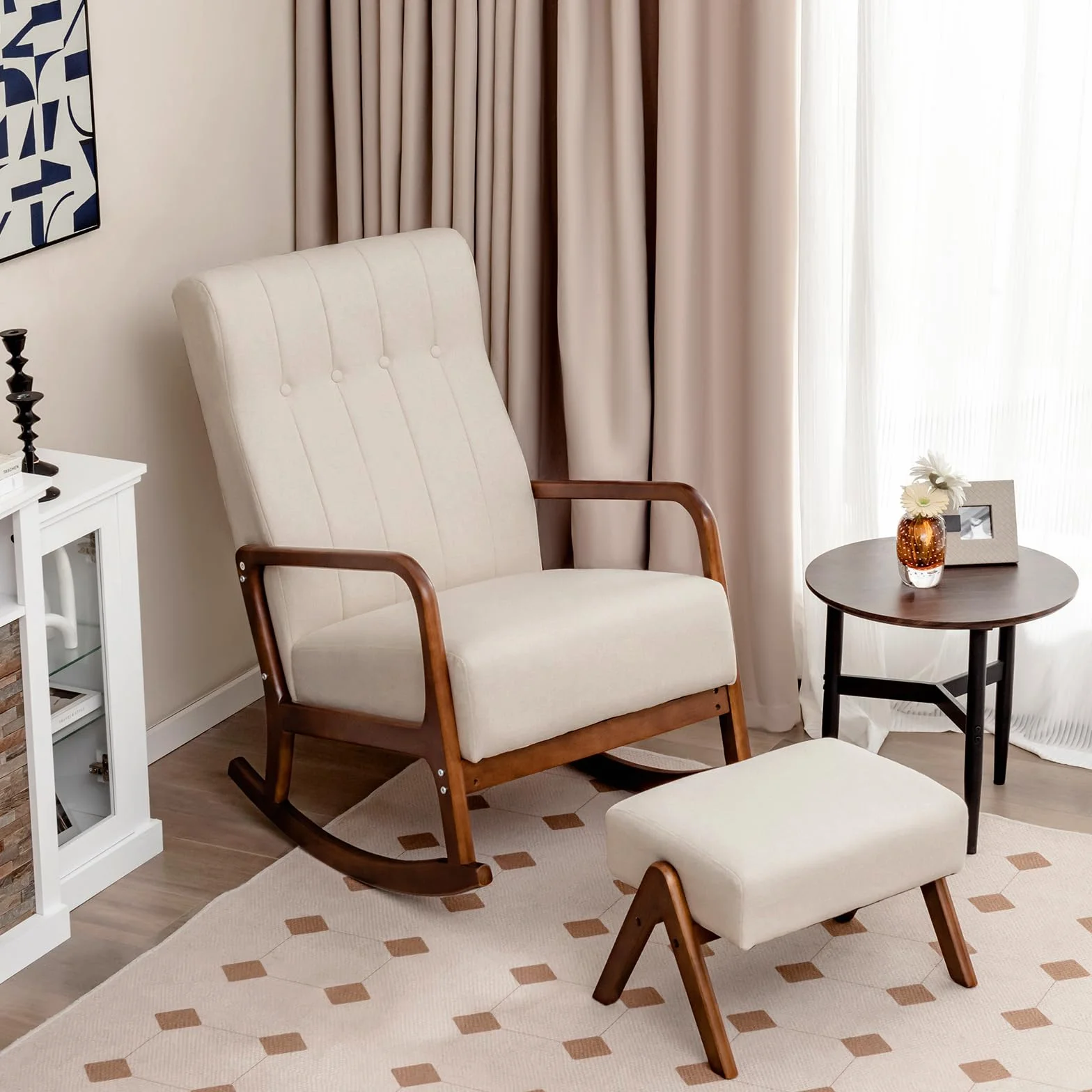 COSTWAY Fotel bujany z taboretem, tapicerowany, fotel bujany, do 150 kg, krzesło relaksacyjne z podłokietnikami i masywną ramą drewnianą, fotel relaksacyjny do sypialni, salonu, 65 x 97 x 104 cm