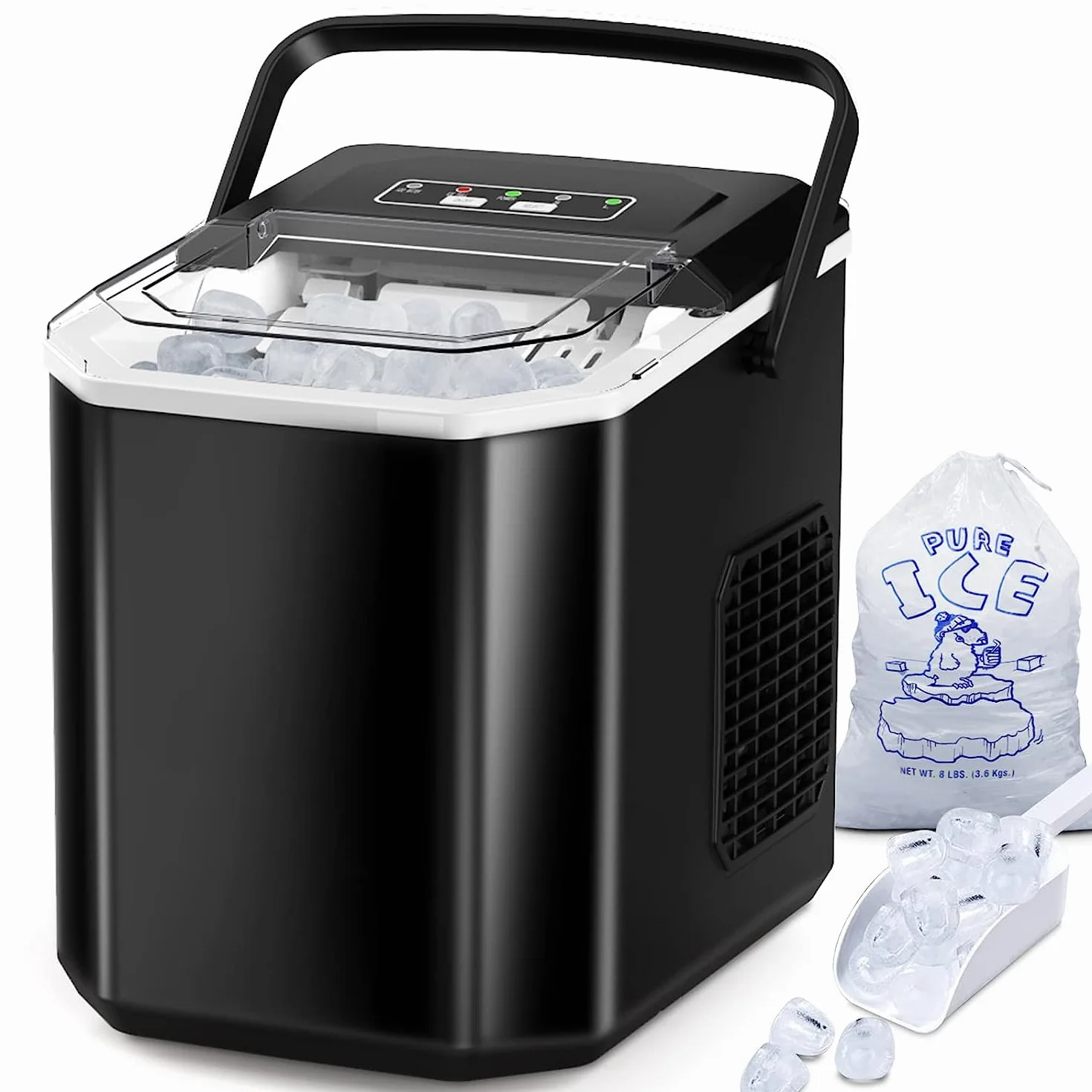 FOOING Mini kostkarka do lodu, przenośna, 12 kg/24 h, kompaktowa kostkarka do lodu, na blat roboczy, 6-minutowa maszyna do szybkiego lodu, samoczyszcząca maszyna do lodu, do domu, 2 rozmiary lodu