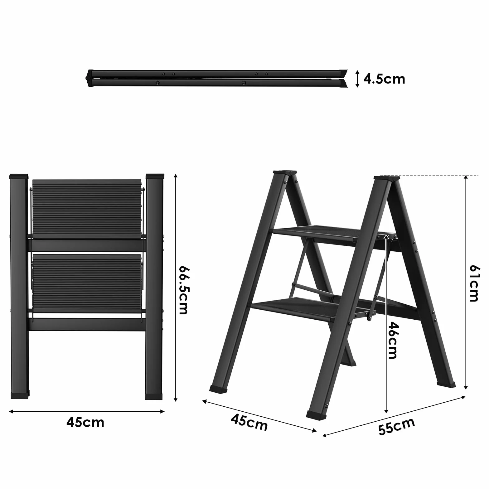 Aluminiowa 2-stopniowa składana drabina antypoślizgowa przenośna drabina do domu, lekka drabina, nośność do 150 kg, używana w kuchni, domu, biurze (czarny)