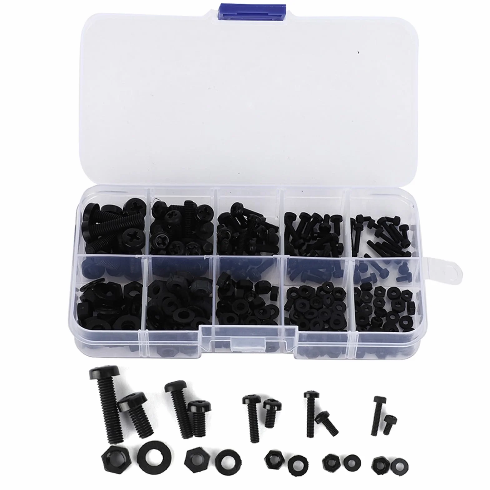 270 Sztuk/pudło M2/M2.5/M3/M4/M5 Nylon Śruba Nakrętka Podkładka Zestaw Asortymentu Łączniki Sprzętowe ze Śrubą Schowek(Czarny zestaw śrub nylonowych 270 sztuk)