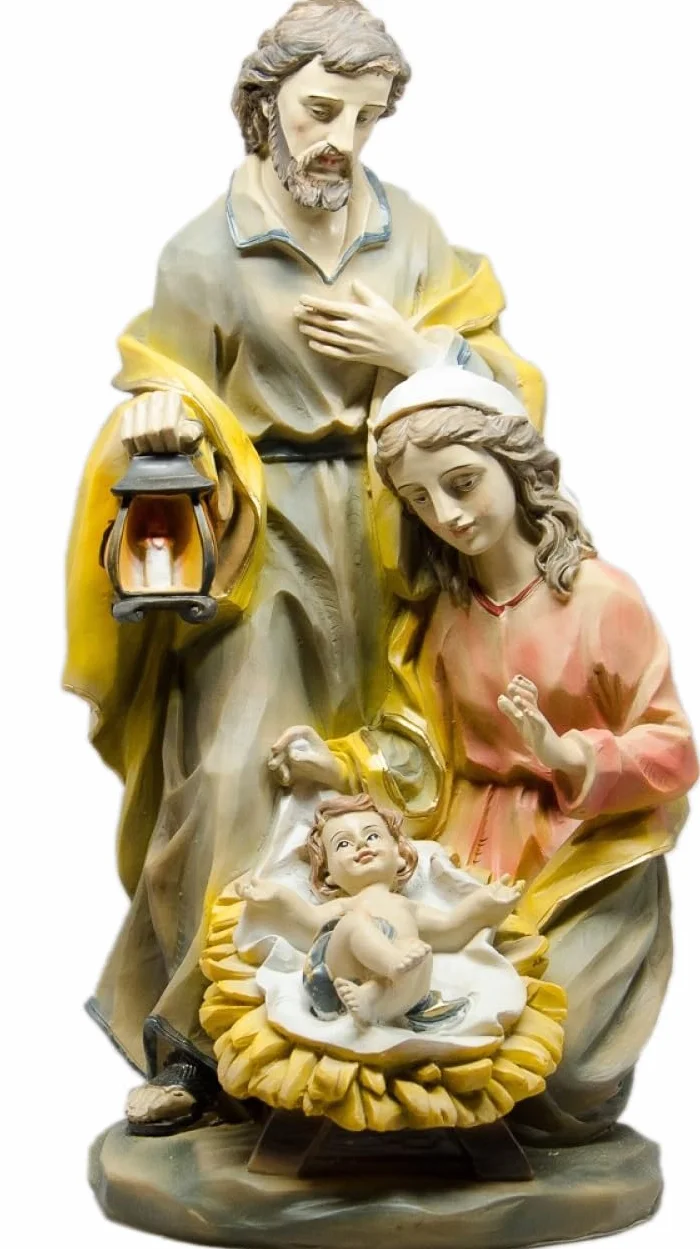 Szopka bożonarodzeniowa Święta Rodzina, styl barokowy, ręcznie malowana figurka, wysokość 14 cm, sztuczny kamień z żywicy poliestrowej, wielokolorowa szopka