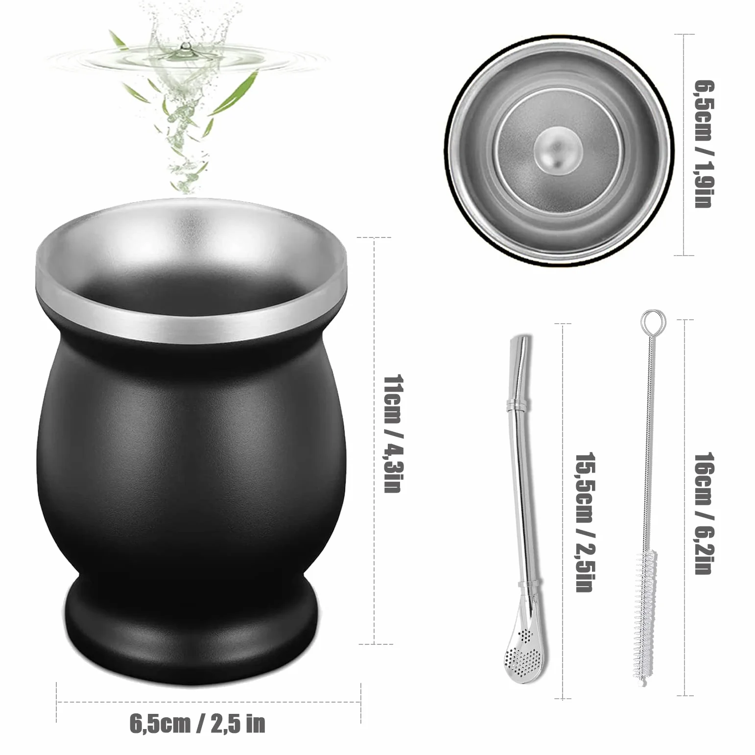 Mate zestaw do herbaty, z łyżeczką do słomki i szczotką do czyszczenia, 230 ml Mate Gourd, zestaw do herbaty mate, kawy, mleka i soku (czarny)