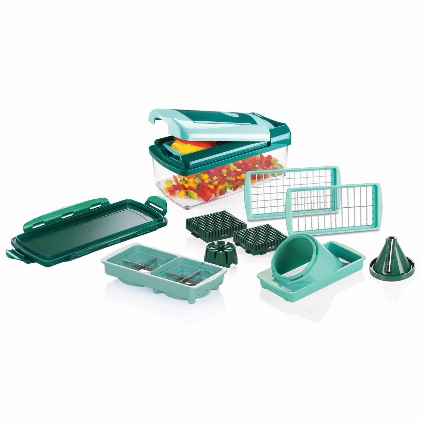 Genius Nicer Dicer Fusion Smart 12-częściowy zestaw do krojenia warzyw z pojemnikiem na ścinki, wkładką nożową XXL i spiralną Julietti
