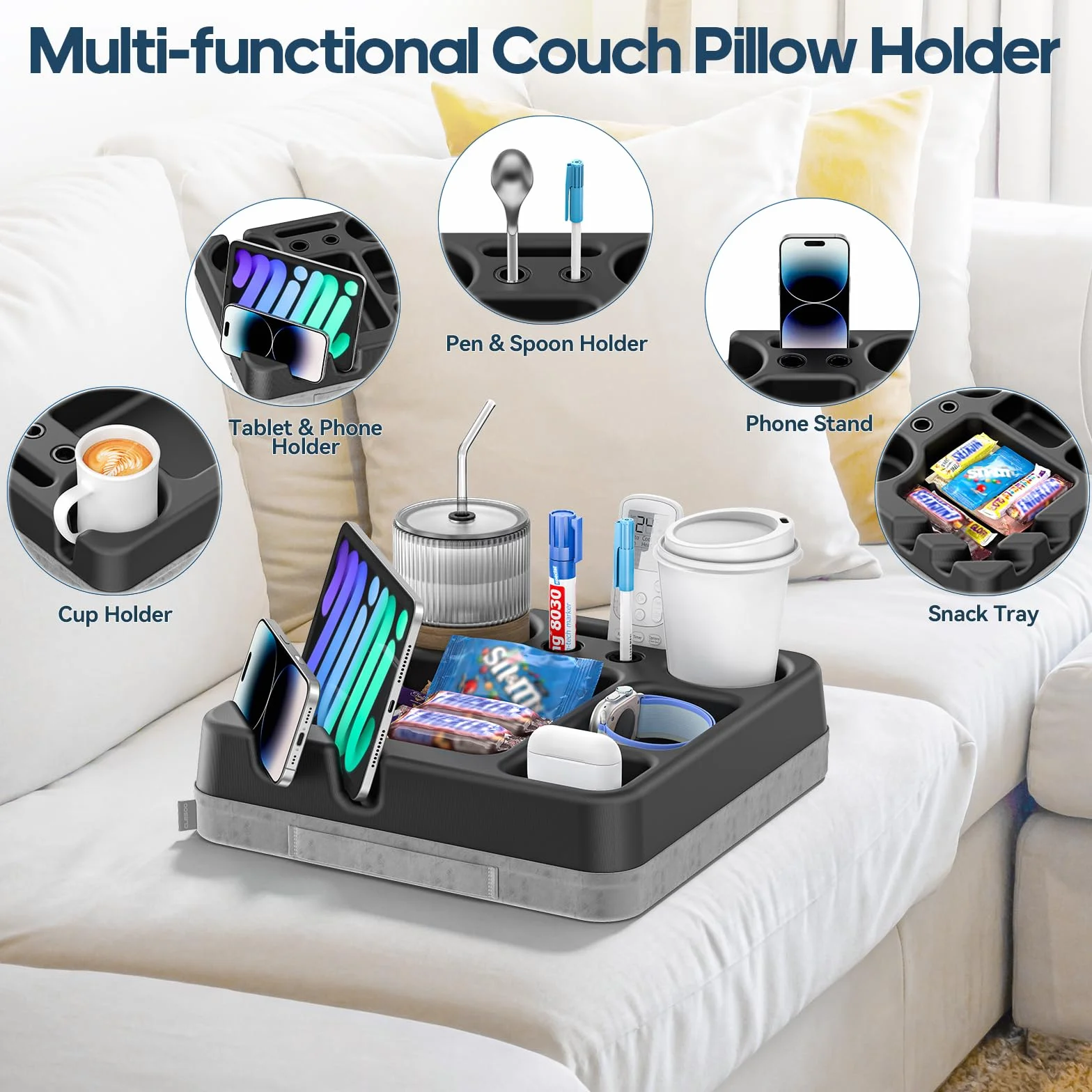 Taca na kubek na kanapę – przenośna sofa łóżko uchwyt na kubek poduszka z tacą na przekąski, zdalny pojemnik, długopis, telefon i tablet - organizer na stół kanapowy na łóżko, sofę, kampera, samochód