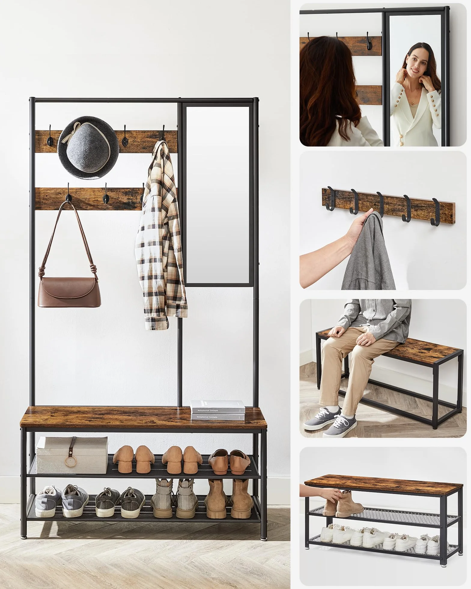 VASAGLE Wieszak na ubrania z organizerem na buty, wieszak na ubrania na korytarz z lustrem, haczykami, ławką i półkami na buty, 35 x 98 x 180 cm, korytarz do sypialni, styl industrialny, rustykalny