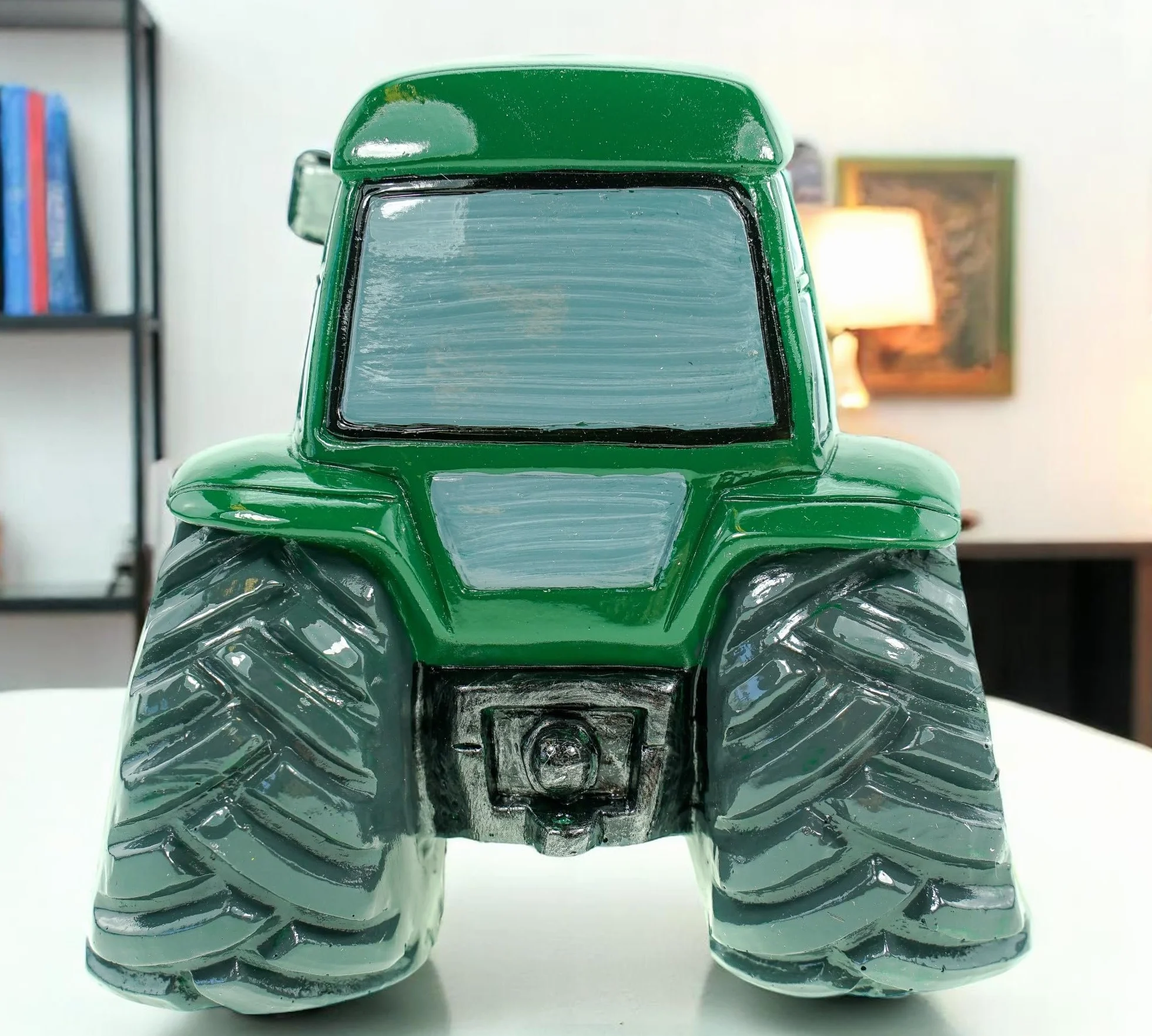 Kremers Schatzkiste Zielona skarbonka, traktor, ręcznie malowana, 16 cm, figurka, farma, prezent dla dzieci i dorosłych, prezent w stylu rolniczym, w stylu komiksowym