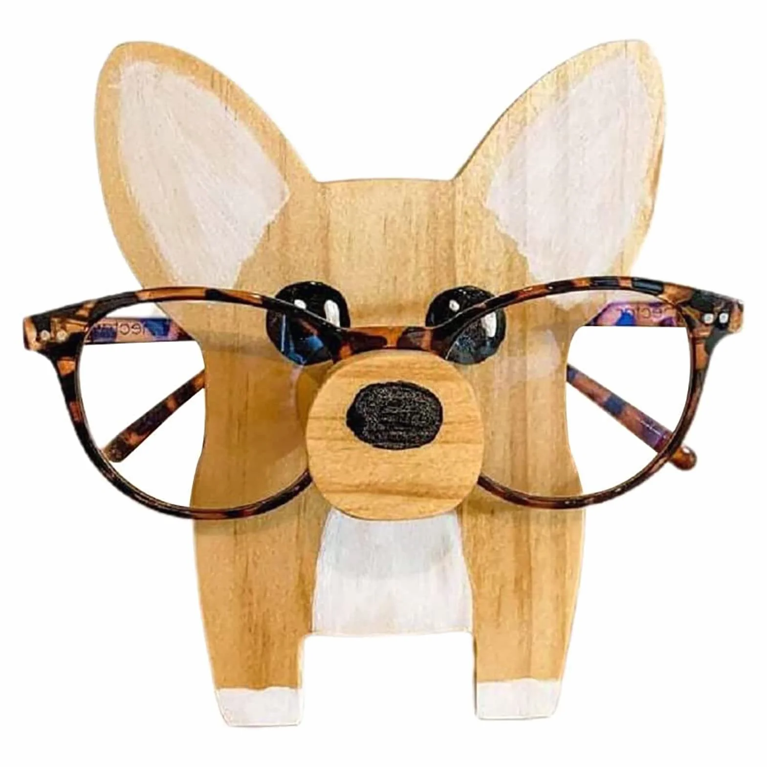LNJ Uchwyt na okulary zwierzę - stojak na okulary z drewna - zabawny ręcznie rzeźbiony kształt zwierzęcy uchwyt na okulary przeciwsłoneczne - schowek na okulary - prezent na biurko, dekoracja domu i biura (szczeniak)