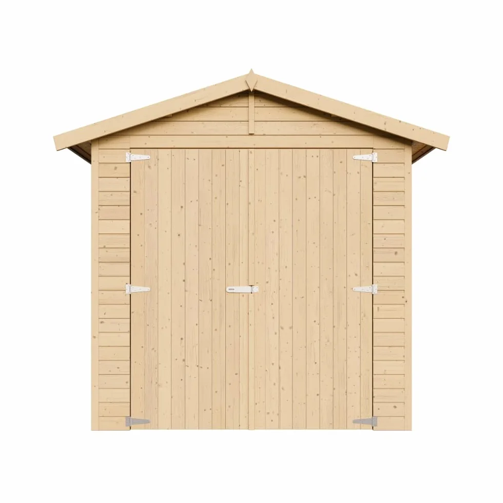 Drewniany garaż – pomieszczenie gospodarcze z oknami, wys. 222 x 244 x 320 cm/6 m², konstrukcja panelowa z naturalnego drewna, warsztat ogrodowy, szopa samochodowa i na narzędzia – IMBELA M105