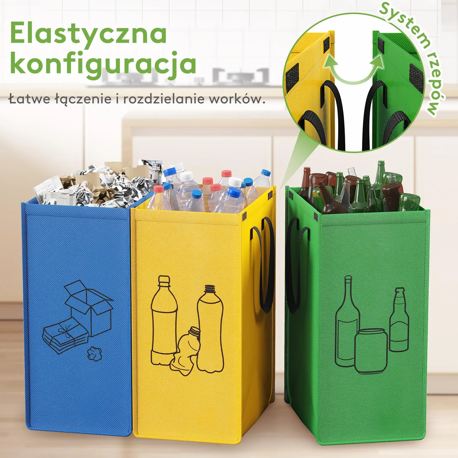 Lifewit System segregacji odpadów do kuchni, kosze na śmieci 3-częściowe na papier, szkło i plastik, pojemniki na recykling, pojemnik na zużyty papier i pojemnik na butelki z depozytem, 3 X 75L, Łatwe