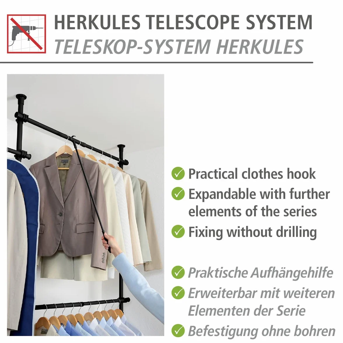 WENKO Herkules Herkules, przedłużony hak do wyciągania ubrań, akcesoria do systemu teleskopowego Herkules ze stali, hak i uchwyt z tworzywa sztucznego, 3 x 76 x 1 cm, czarny