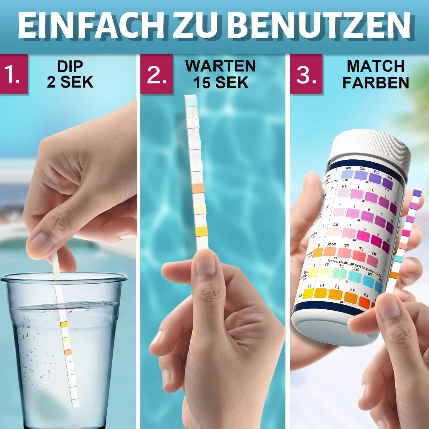 RUNBO Paski testowe 7 w 1 do basenów, 150 pasków testowych chemicznych spa, dokładny brom, całkowita zasadowość, PH, wolny chlor, całkowita twardość, całkowita twardość, kwas cyjanurowy i całkowita