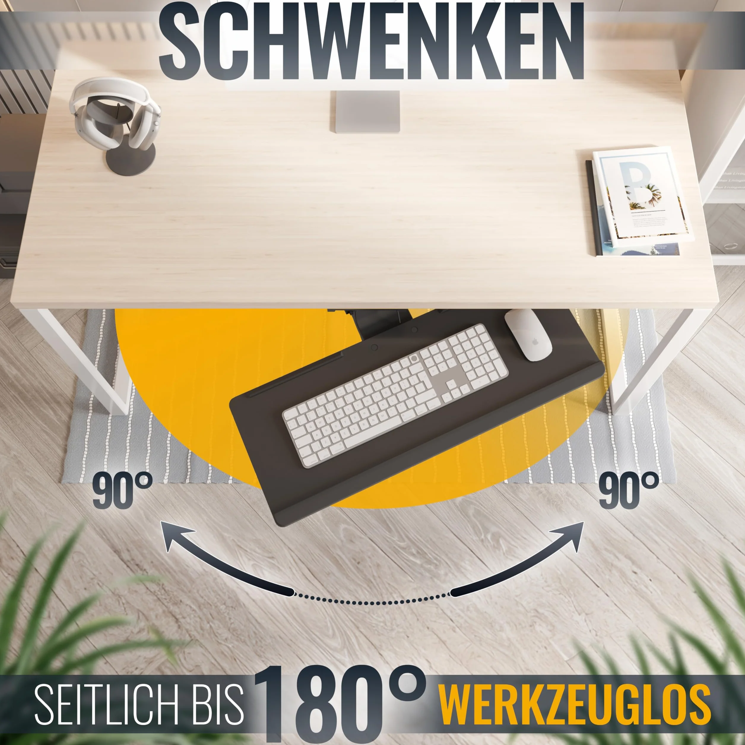 RICOO Obrotowa taca na klawiaturę PC CZ0300 obrotowa szuflada pod biurko, ergonomiczna półka z przesuwnymi bieżnikami, regulowany uchwyt na klawiaturę komputerową, czarna