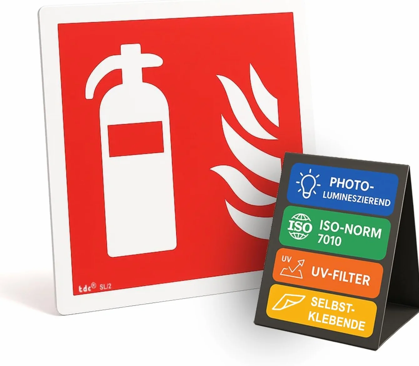 Naklejka „Gaśnica” z PVC [10 × 10 cm] | Samoprzylepna, zgodna z normą DIN EN ISO 7010 | Piktogram przeciwpożarowy | Do wnętrz i na zewnątrz | Odporna na warunki atmosferyczne